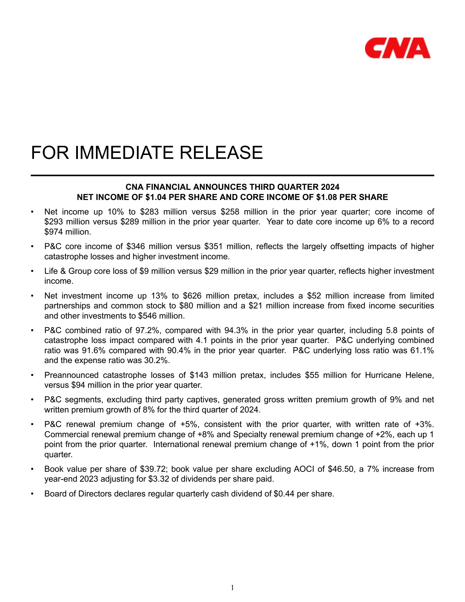CNA Financial's Q3 2024 Earnings Release