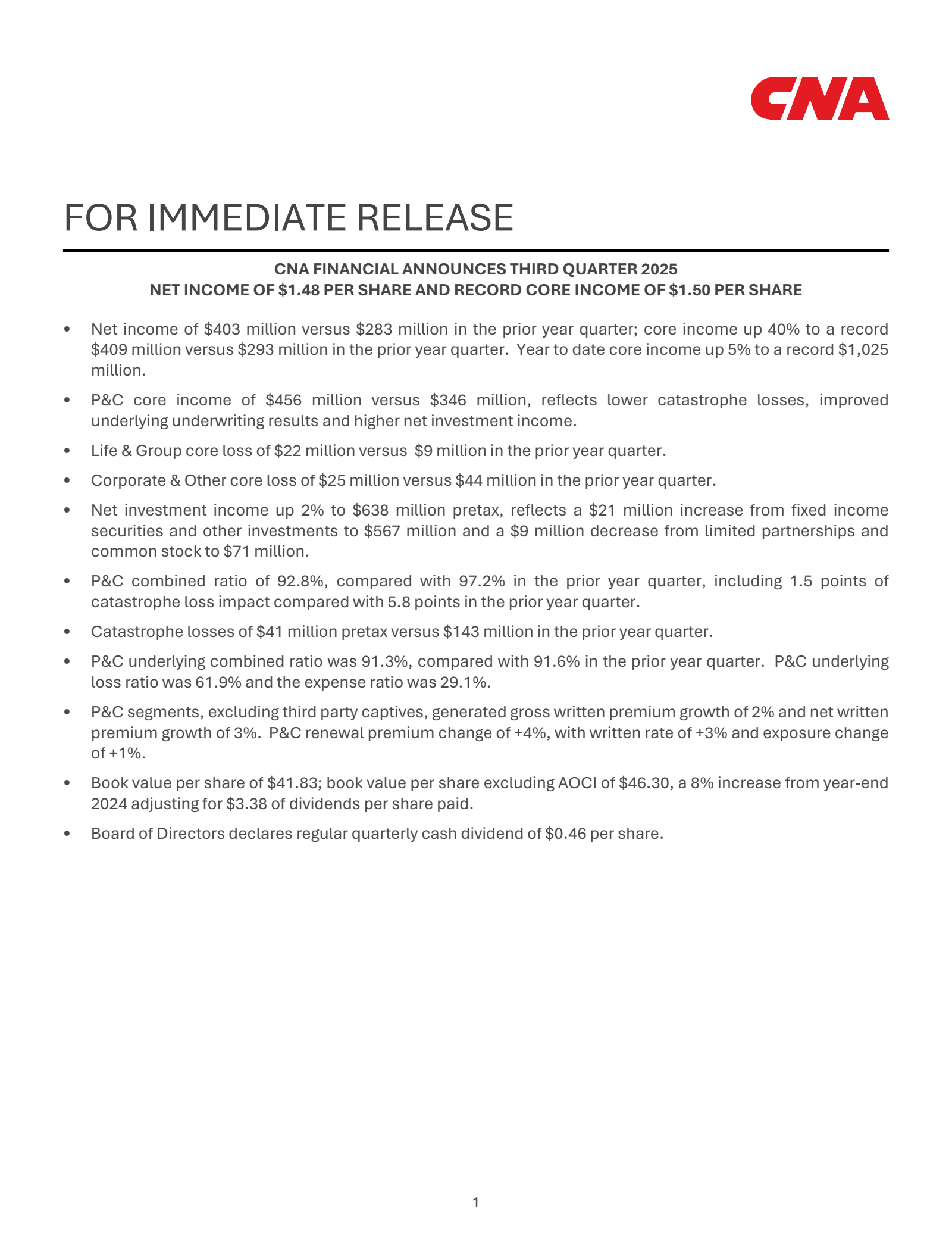 CNA Financial's Q3 2025 Earnings Release
