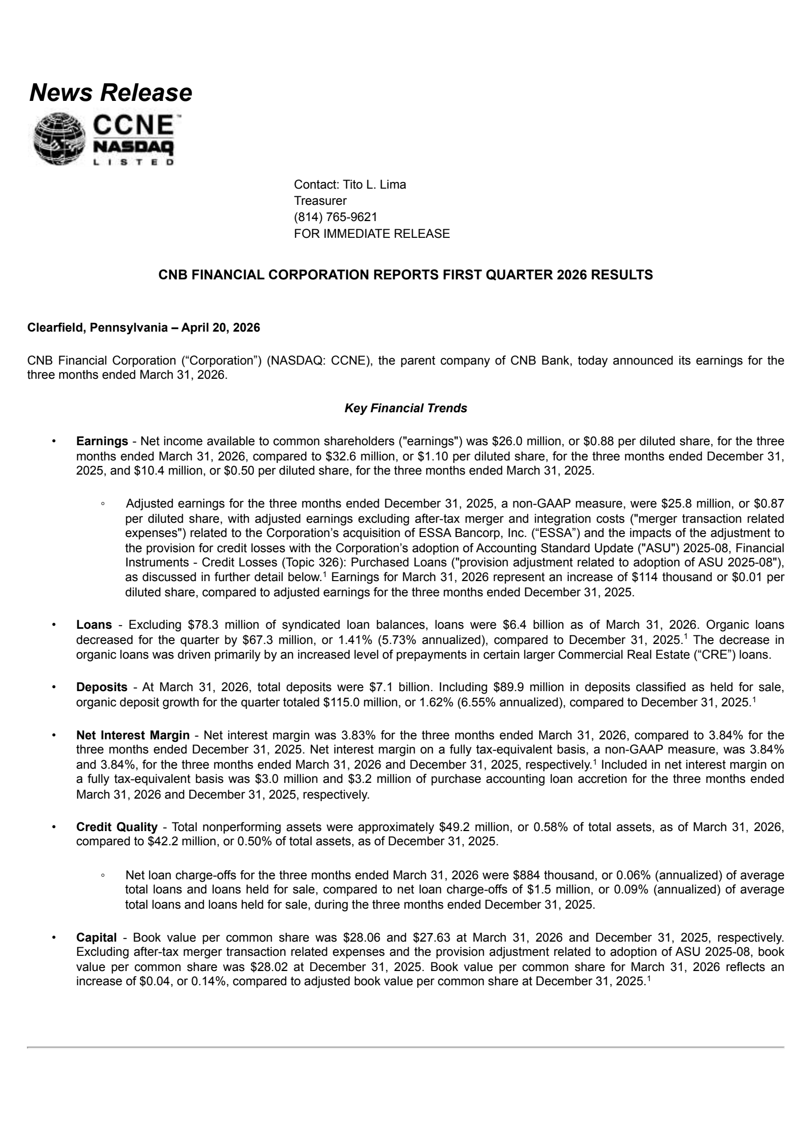 CNB Financial's Q1 2026 Press Release