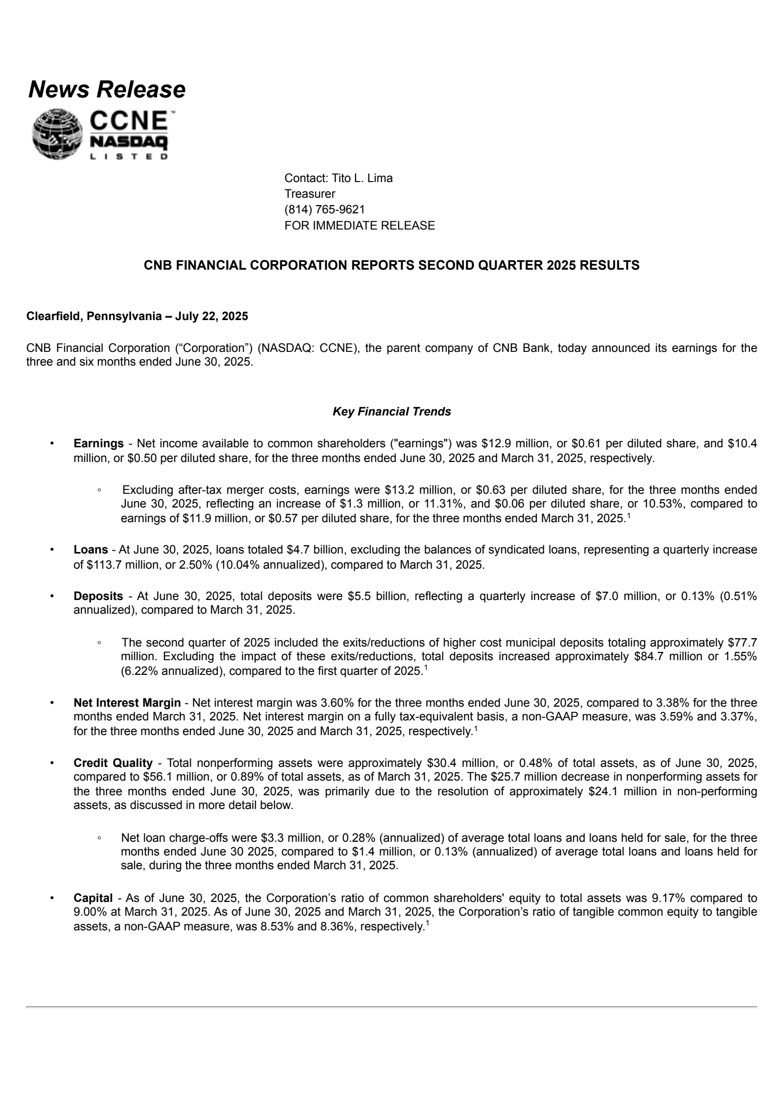 CNB Financial's Q2 2025 Press Release