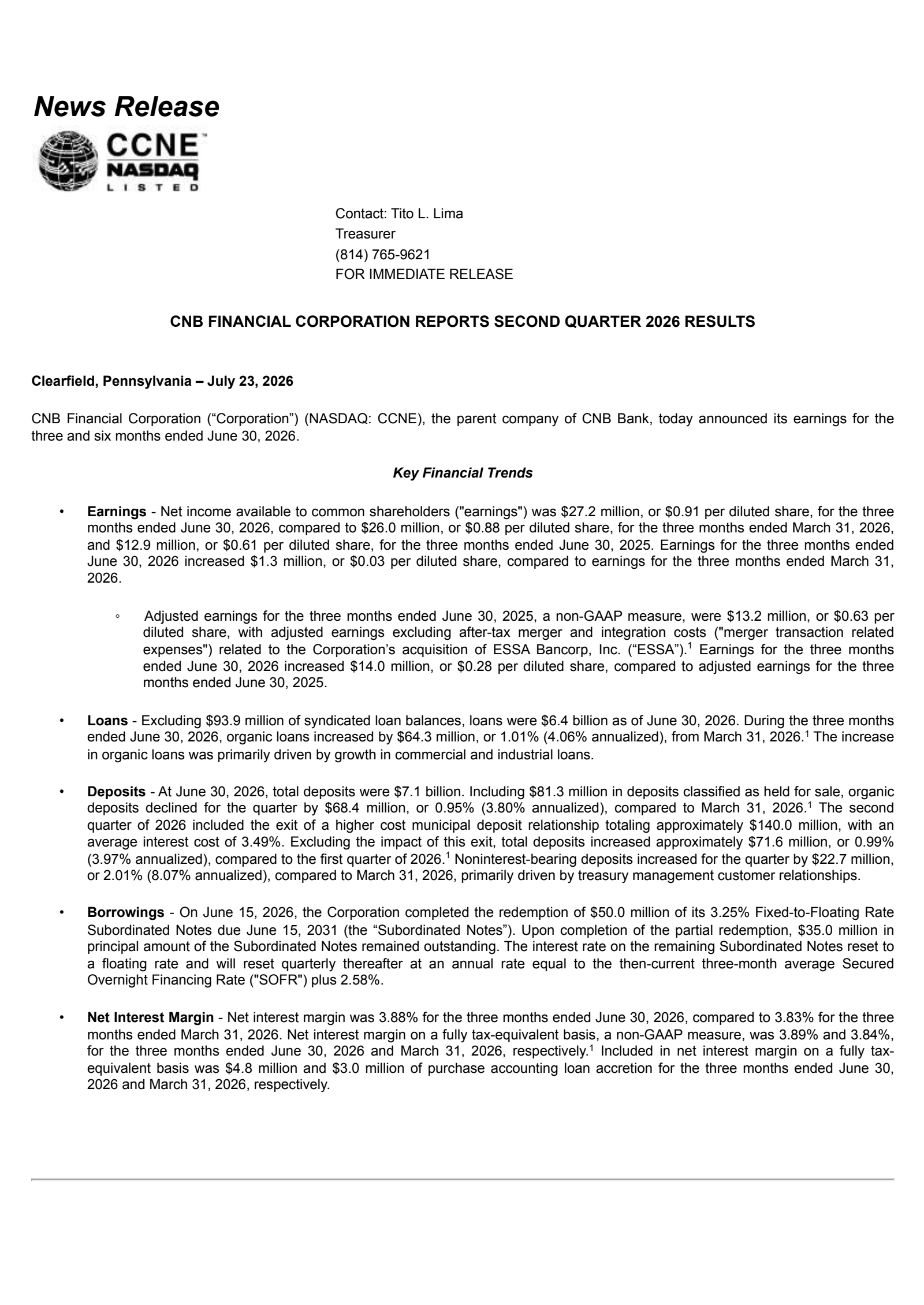 CNB Financial's Q2 2026 Press Release