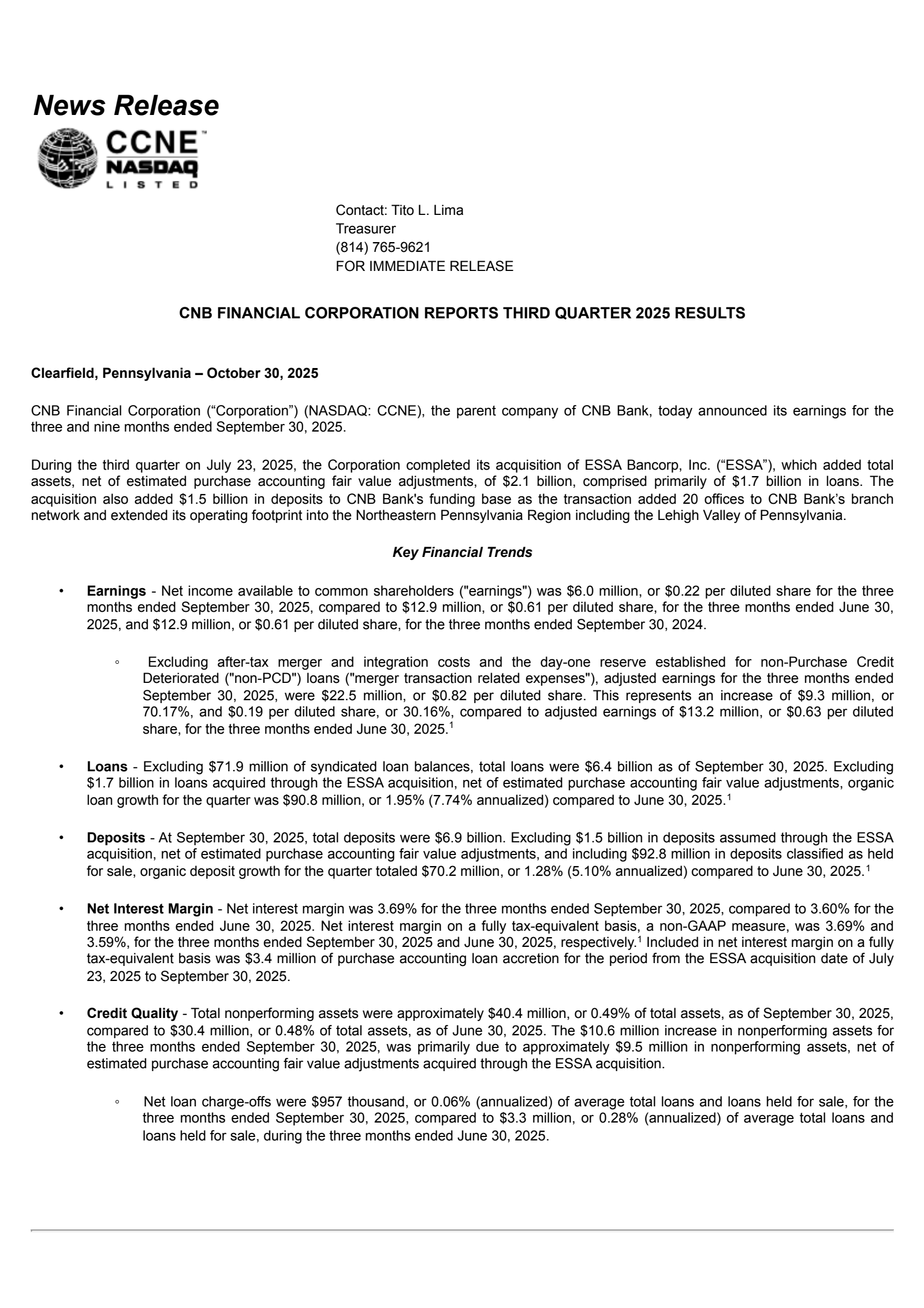 CNB Financial's Q3 2025 Earnings Release