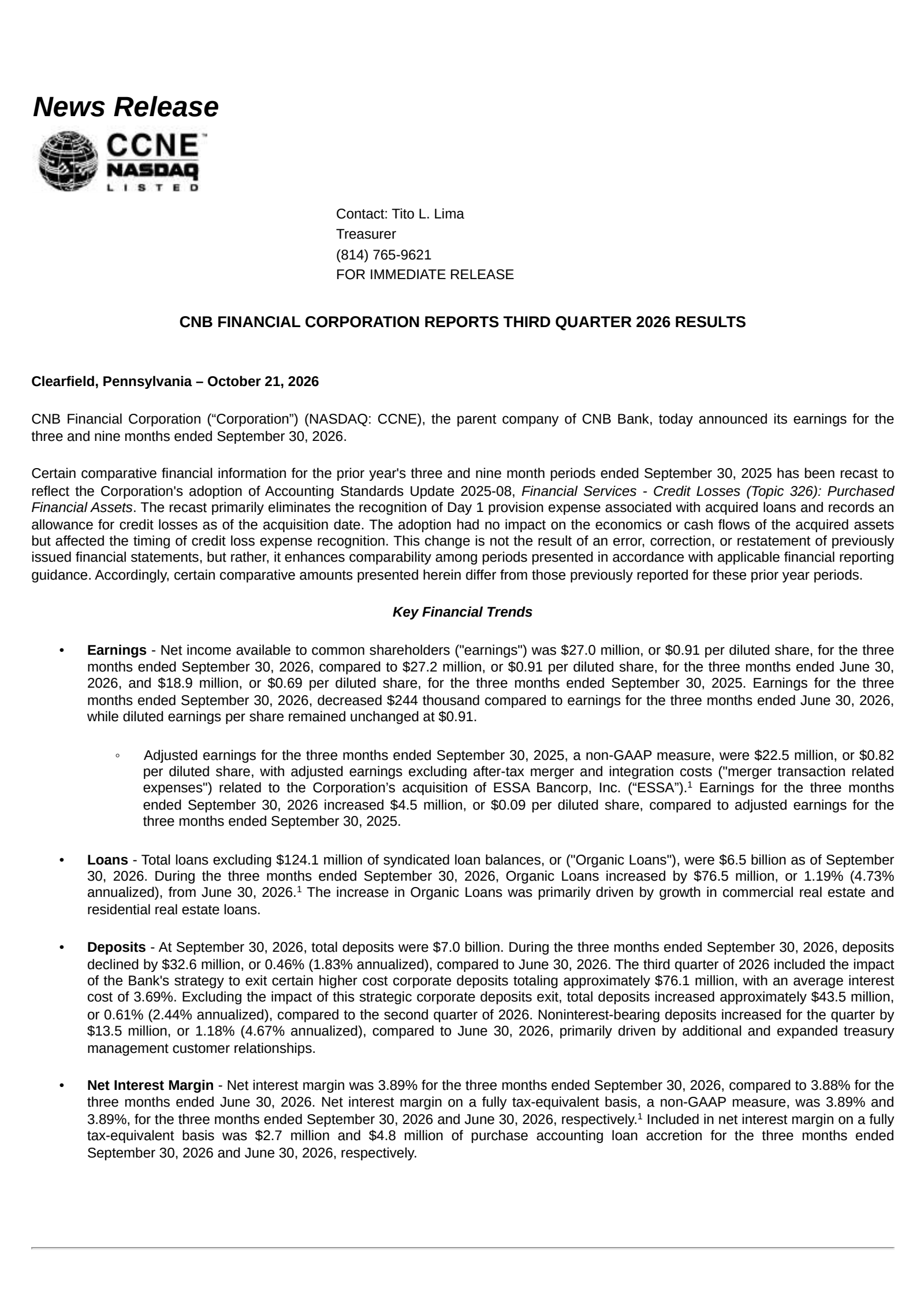 CNB Financial's Q3 2026 Press Release