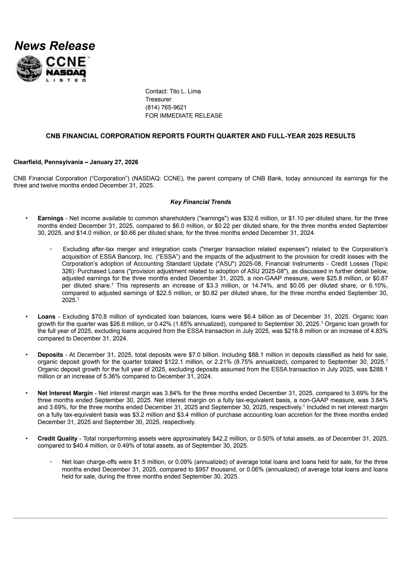 CNB Financial's Q4 2025 Press Release