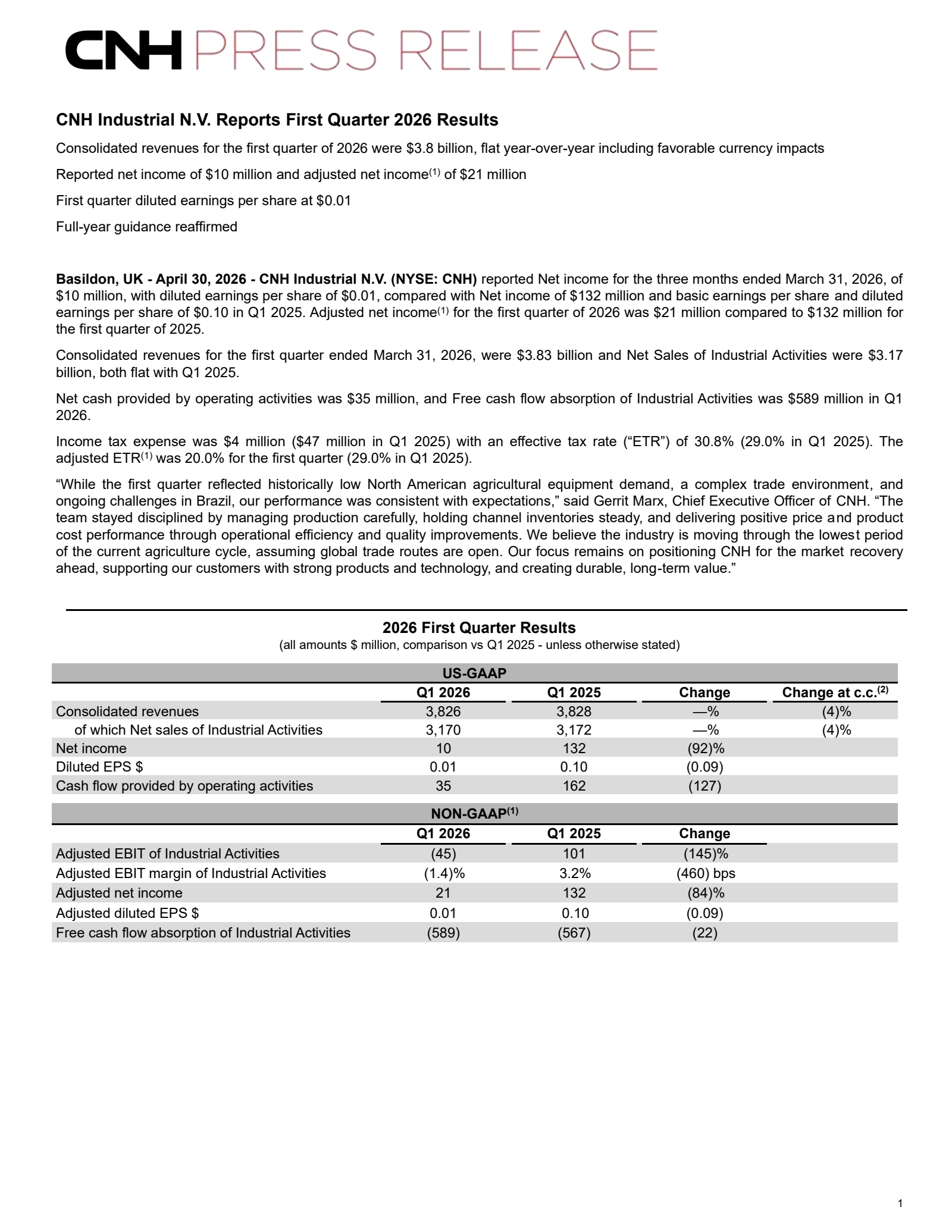 CNH Industrial's Q1 2026 Press Release