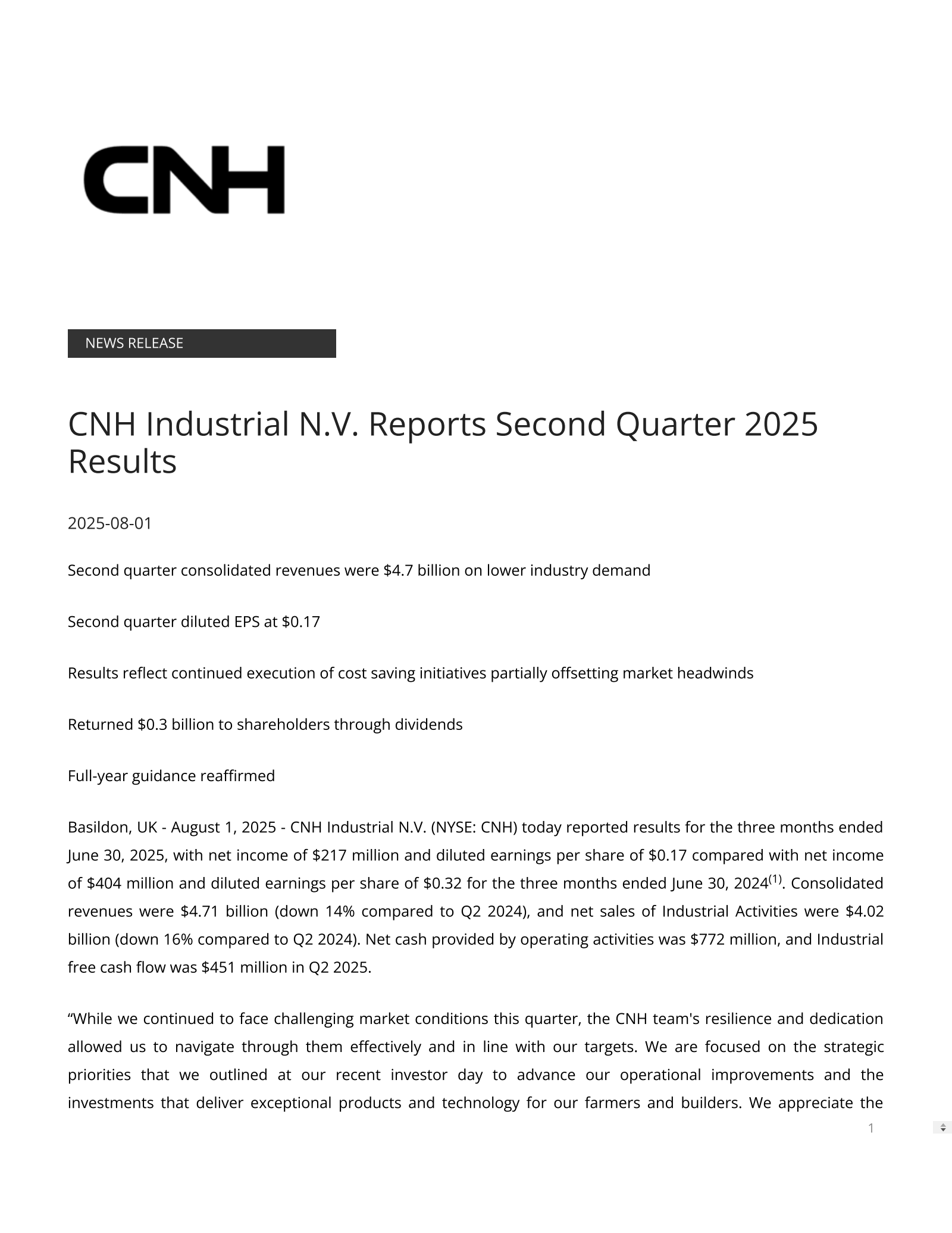CNH Industrial's Q2 2025 Press Release