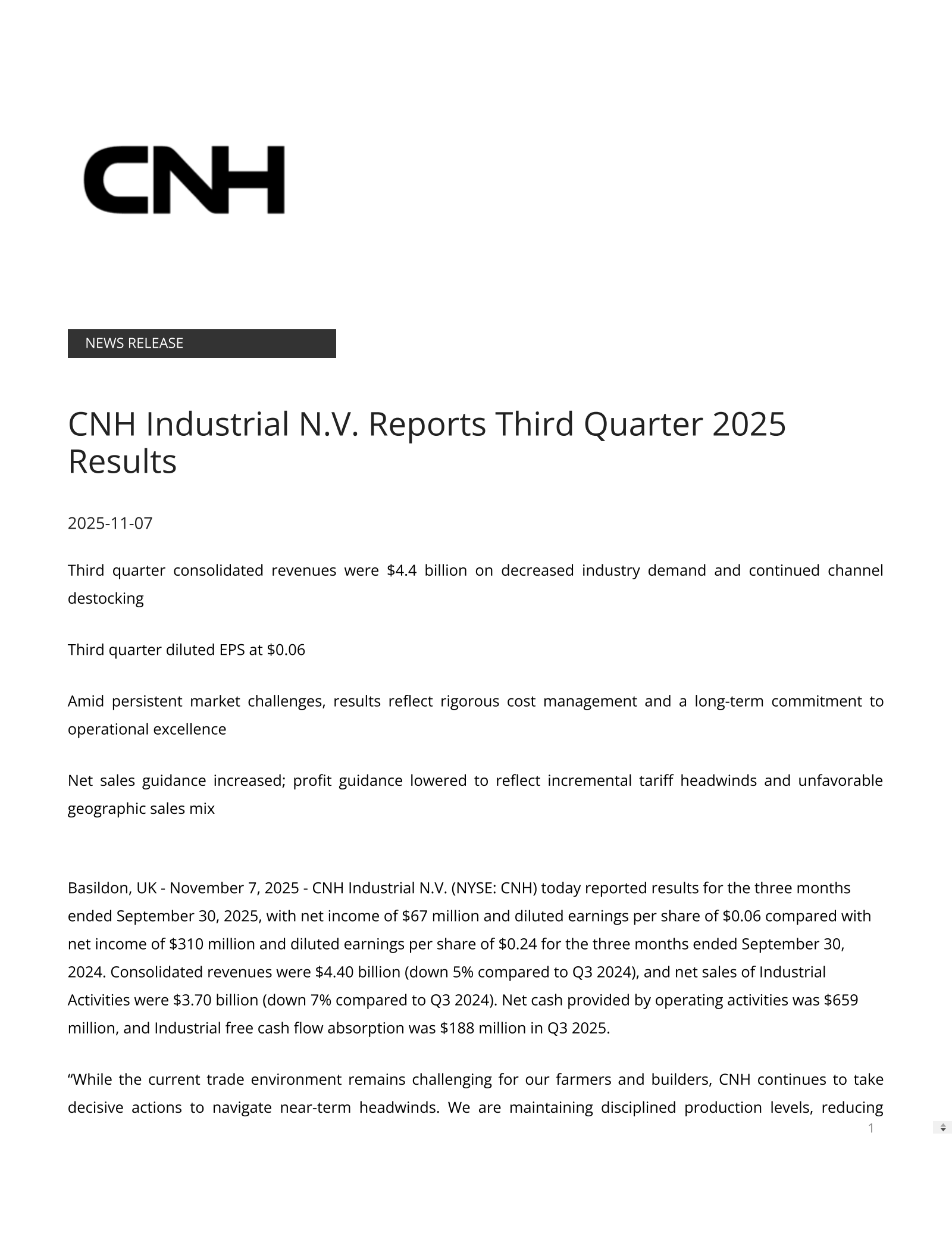 CNH Industrial's Q3 2025 Earnings Release