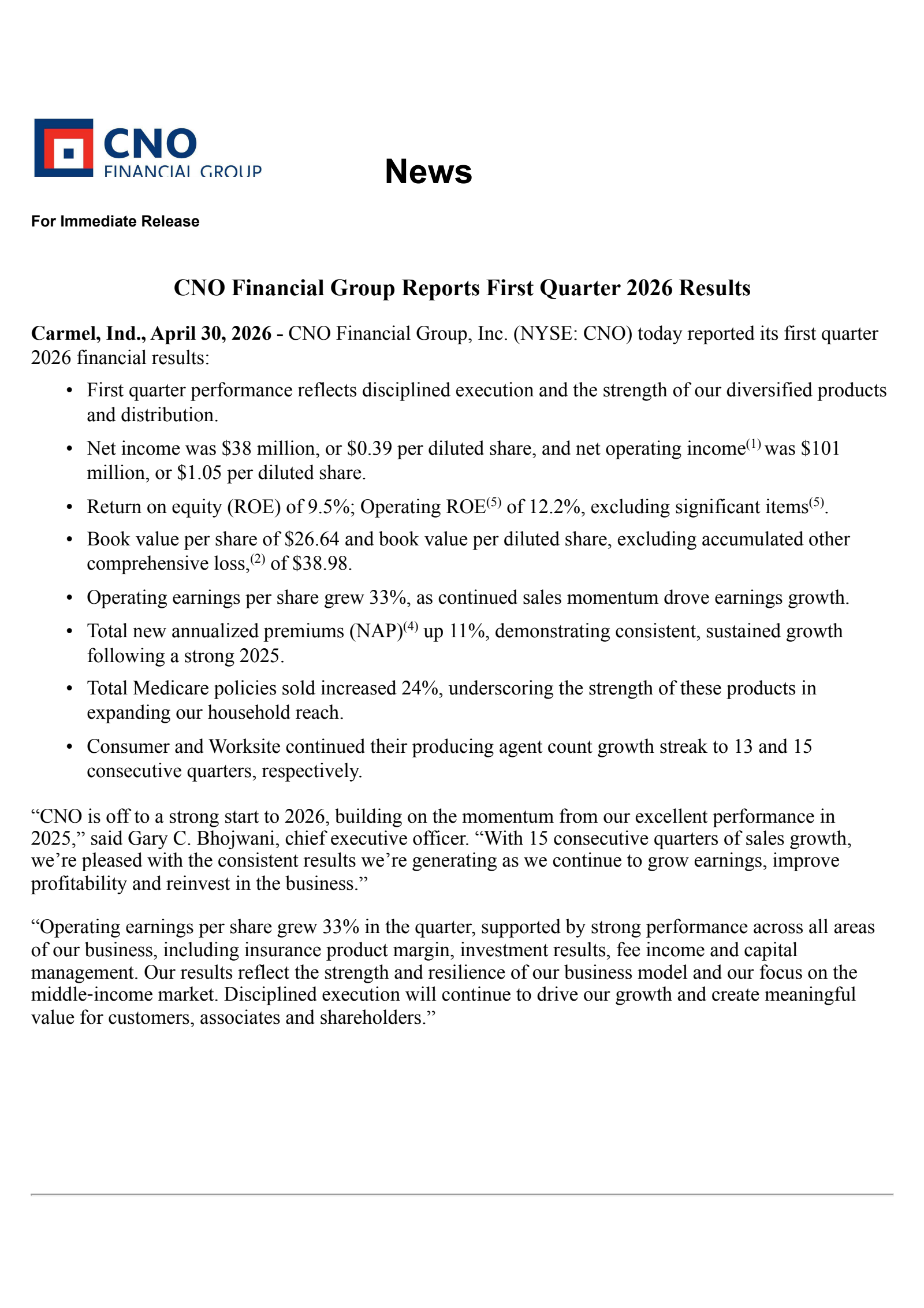 CNO Financial Group's Q1 2026 Press Release