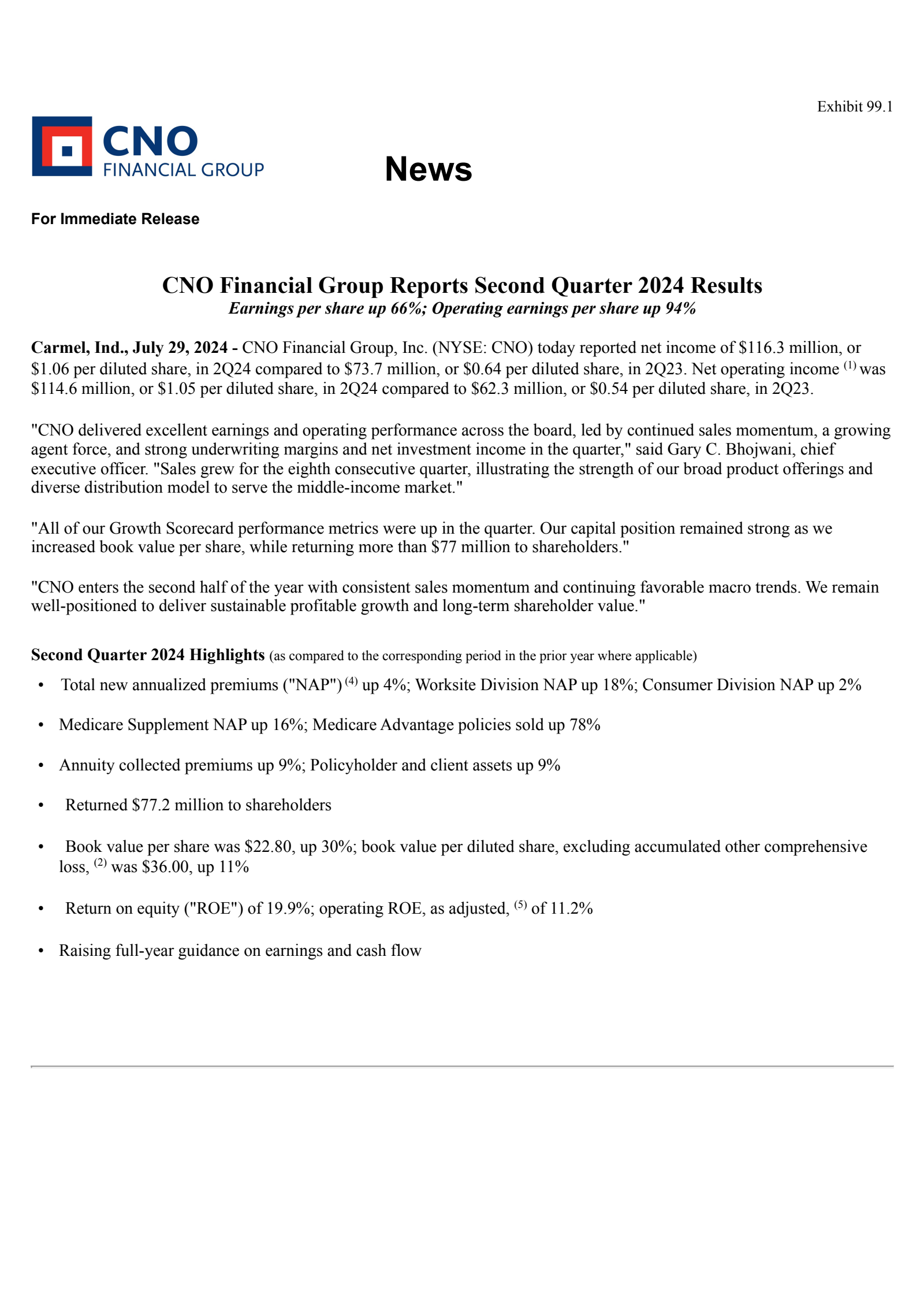 CNO Financial Group's Q2 2024 Press Release