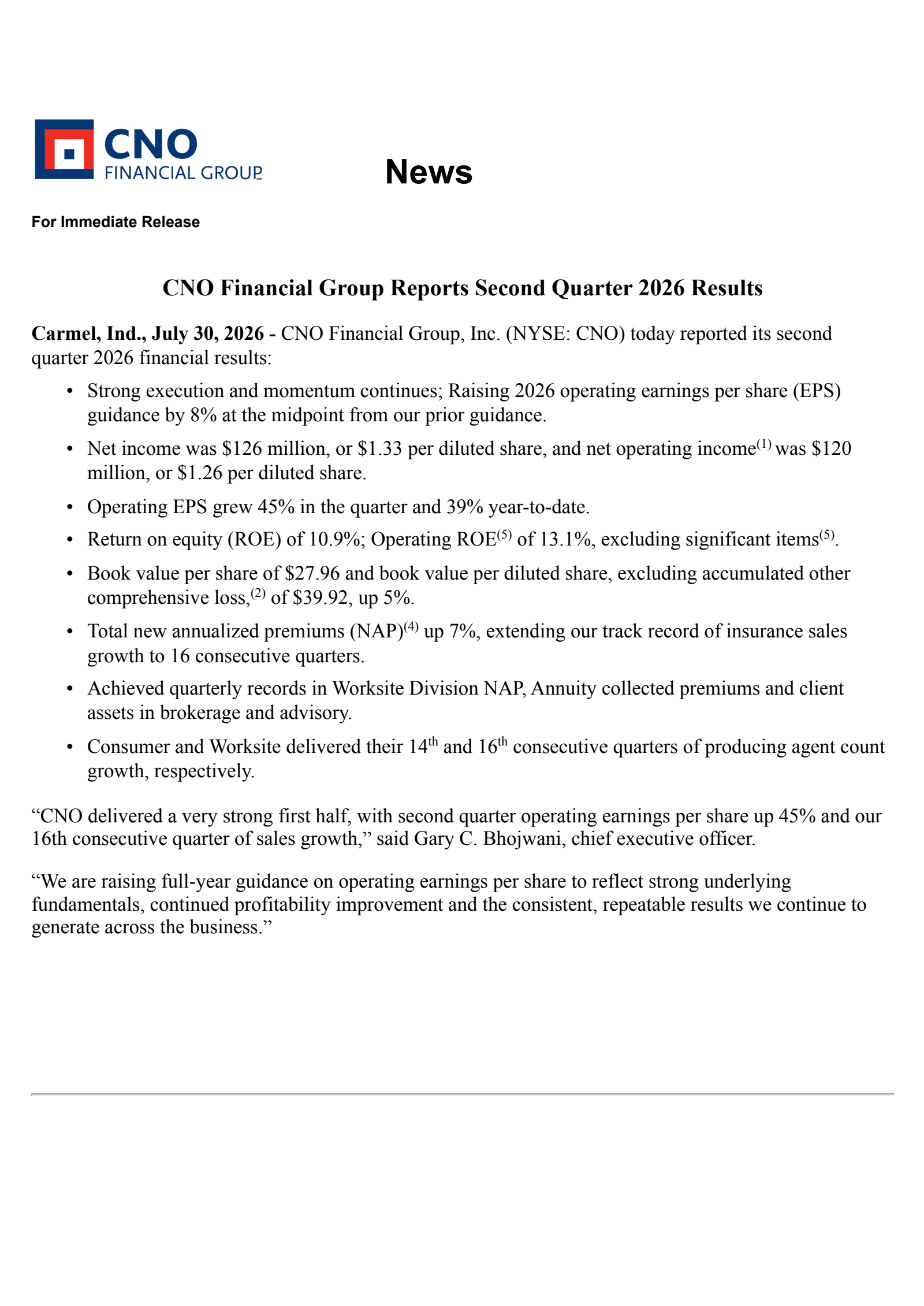CNO Financial Group's Q2 2026 Press Release