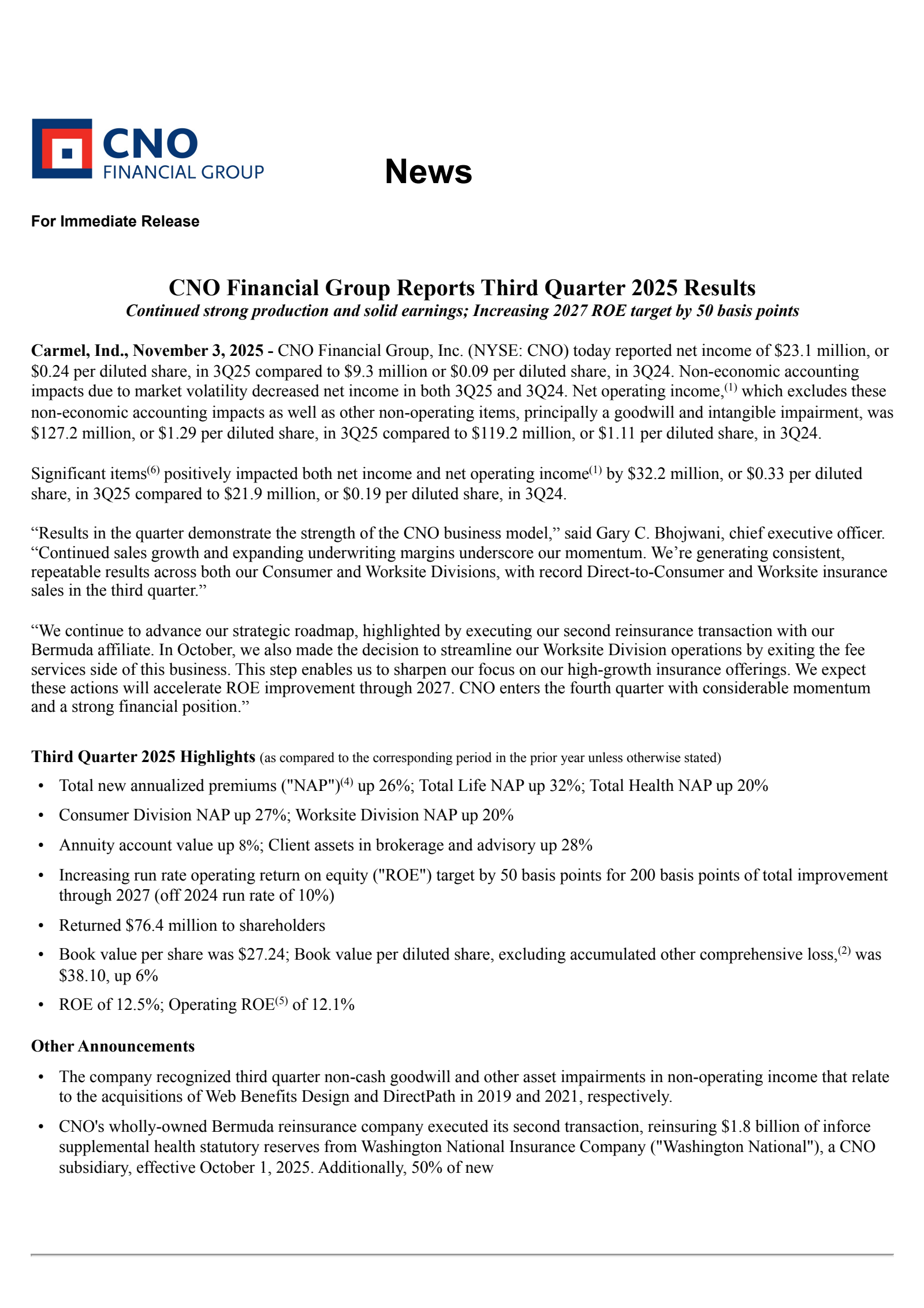 CNO Financial Group's Q3 2025 Earnings Release