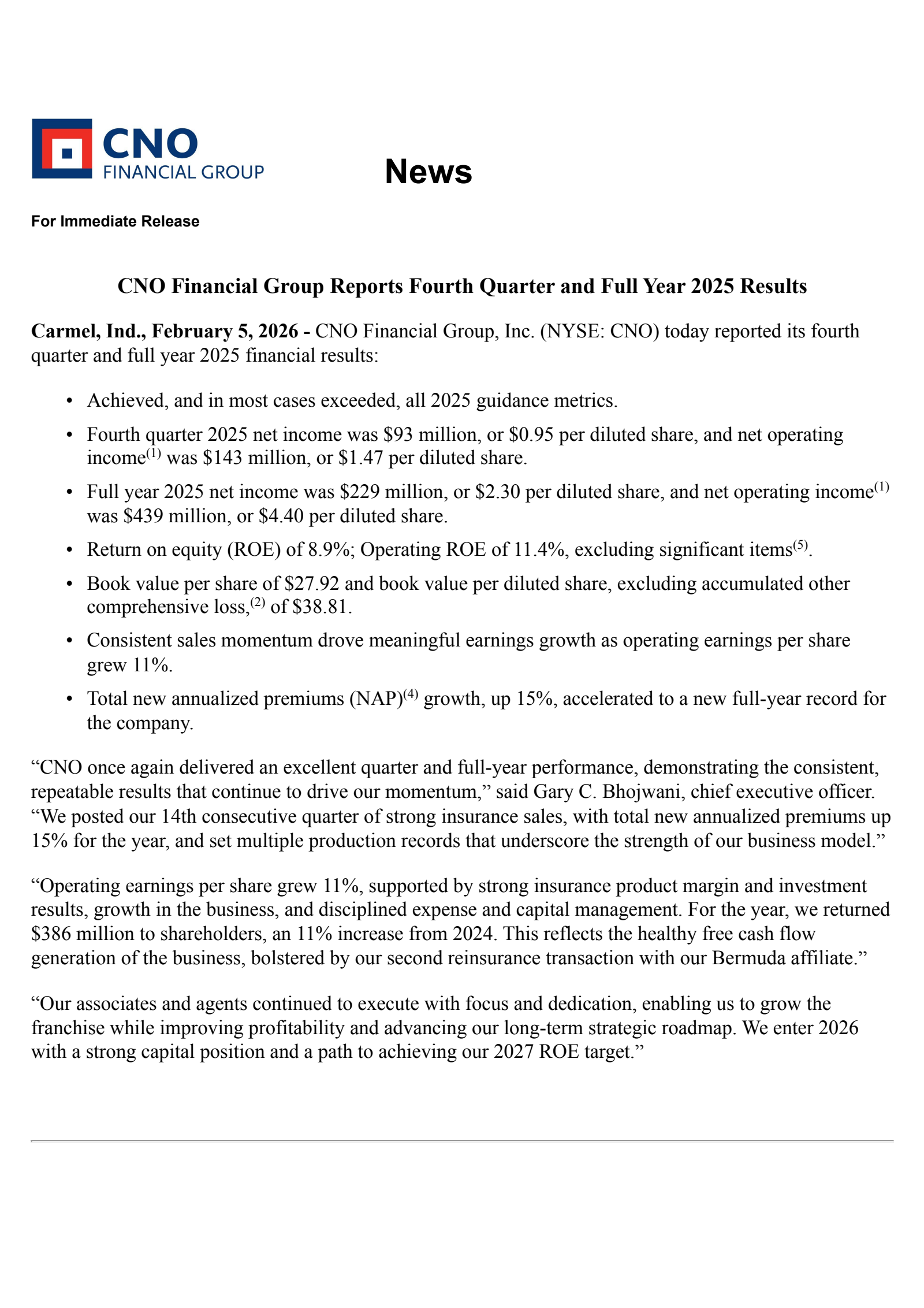 CNO Financial Group's Q4 2025 Press Release