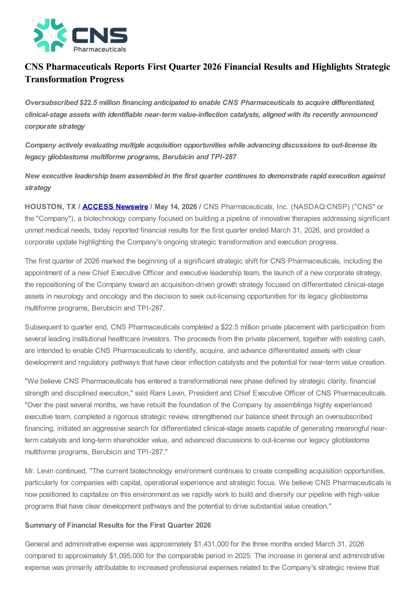 CNS Pharmaceuticals' Q1 2026 Press Release