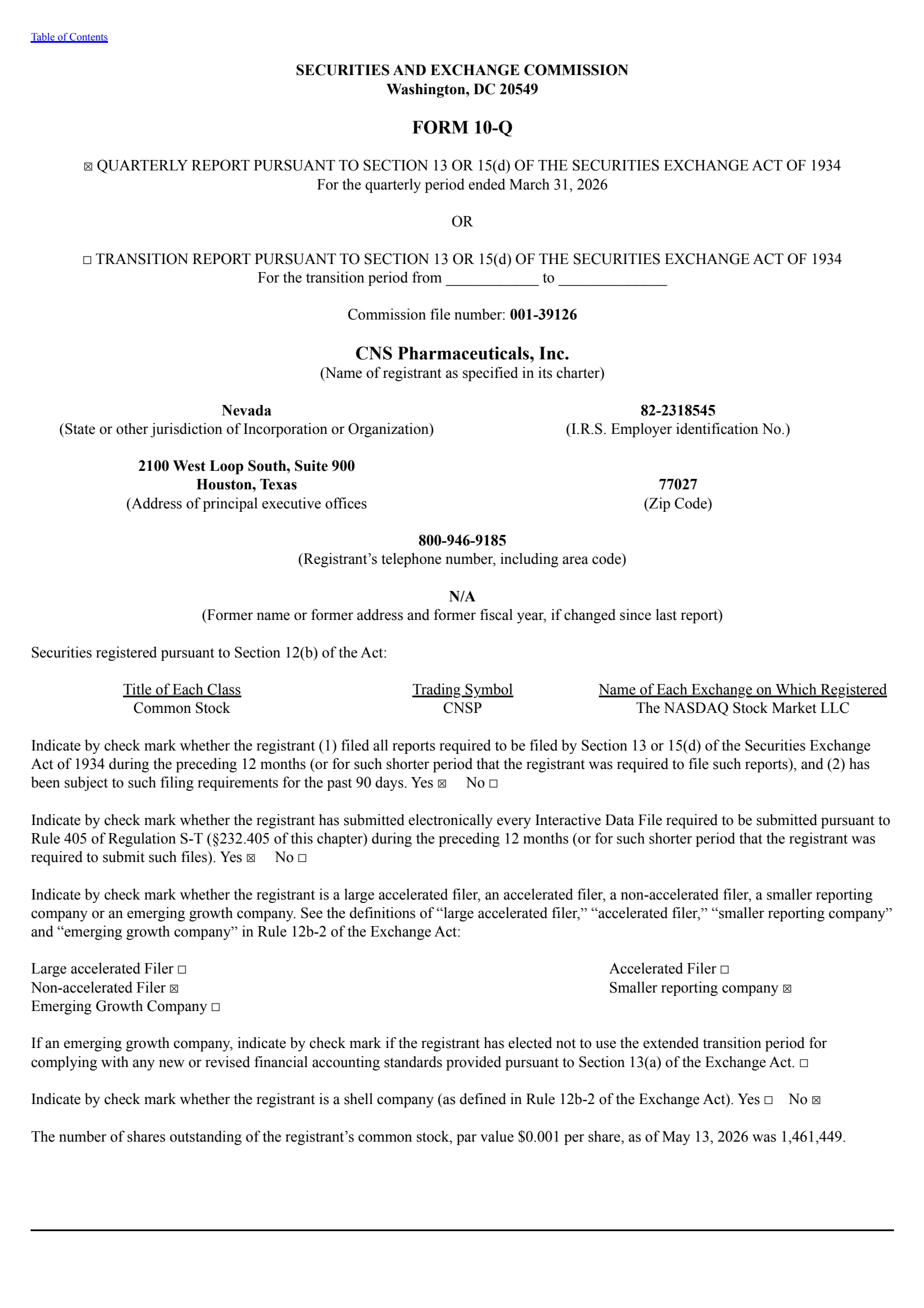 CNS Pharmaceuticals' Q1 2026 Quarterly report