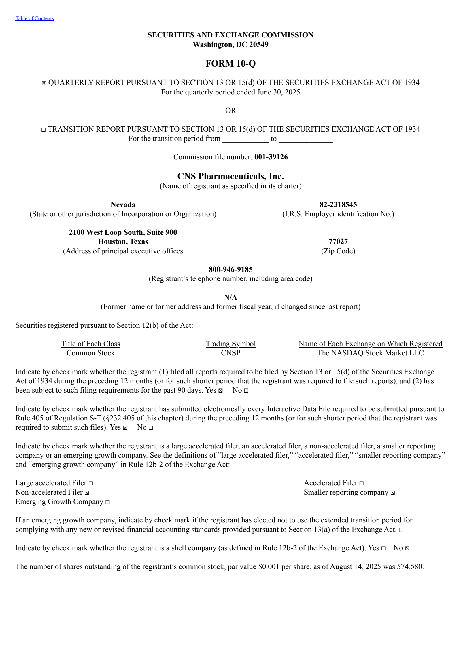 CNS Pharmaceuticals' Q2 2025 Quarterly report