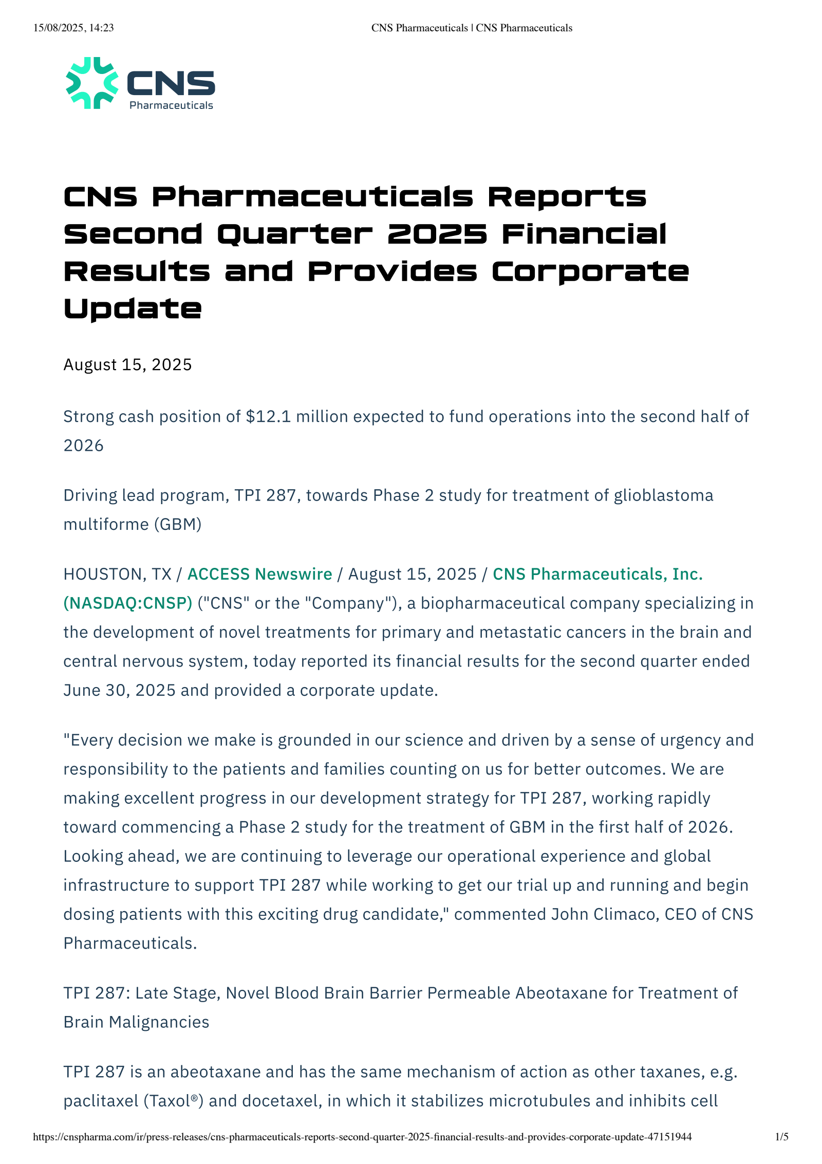 CNS Pharmaceuticals' Q2 2025 Press Release