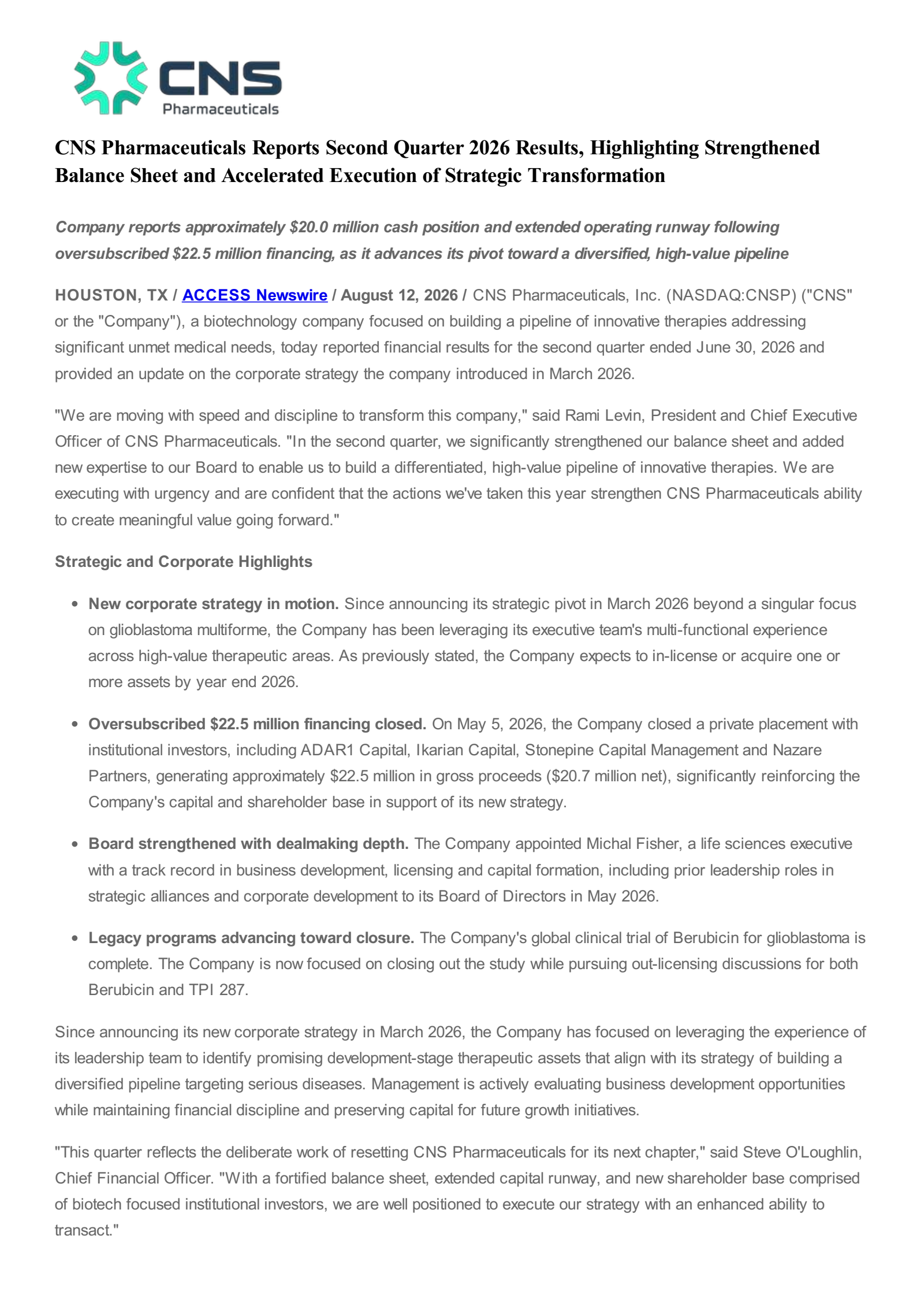 CNS Pharmaceuticals' Q2 2026 Press Release