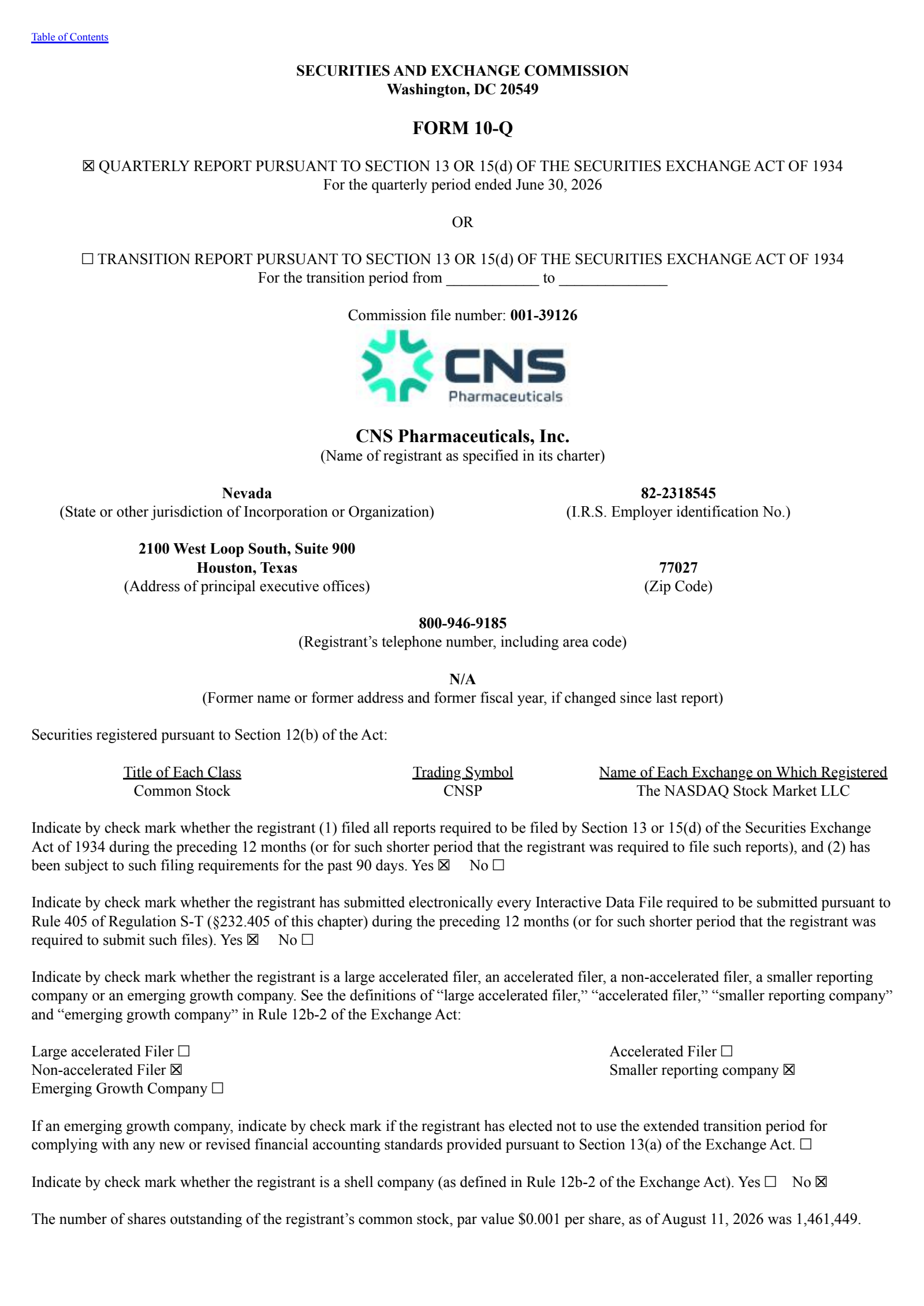 CNS Pharmaceuticals' Q2 2026 Quarterly report