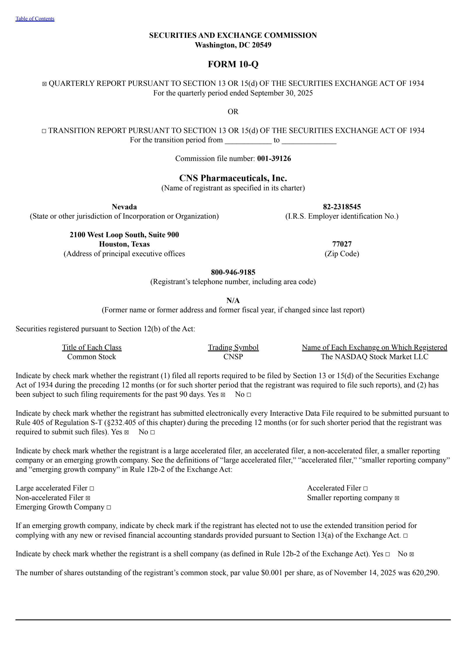CNS Pharmaceuticals' Q3 2025 Quarterly Report