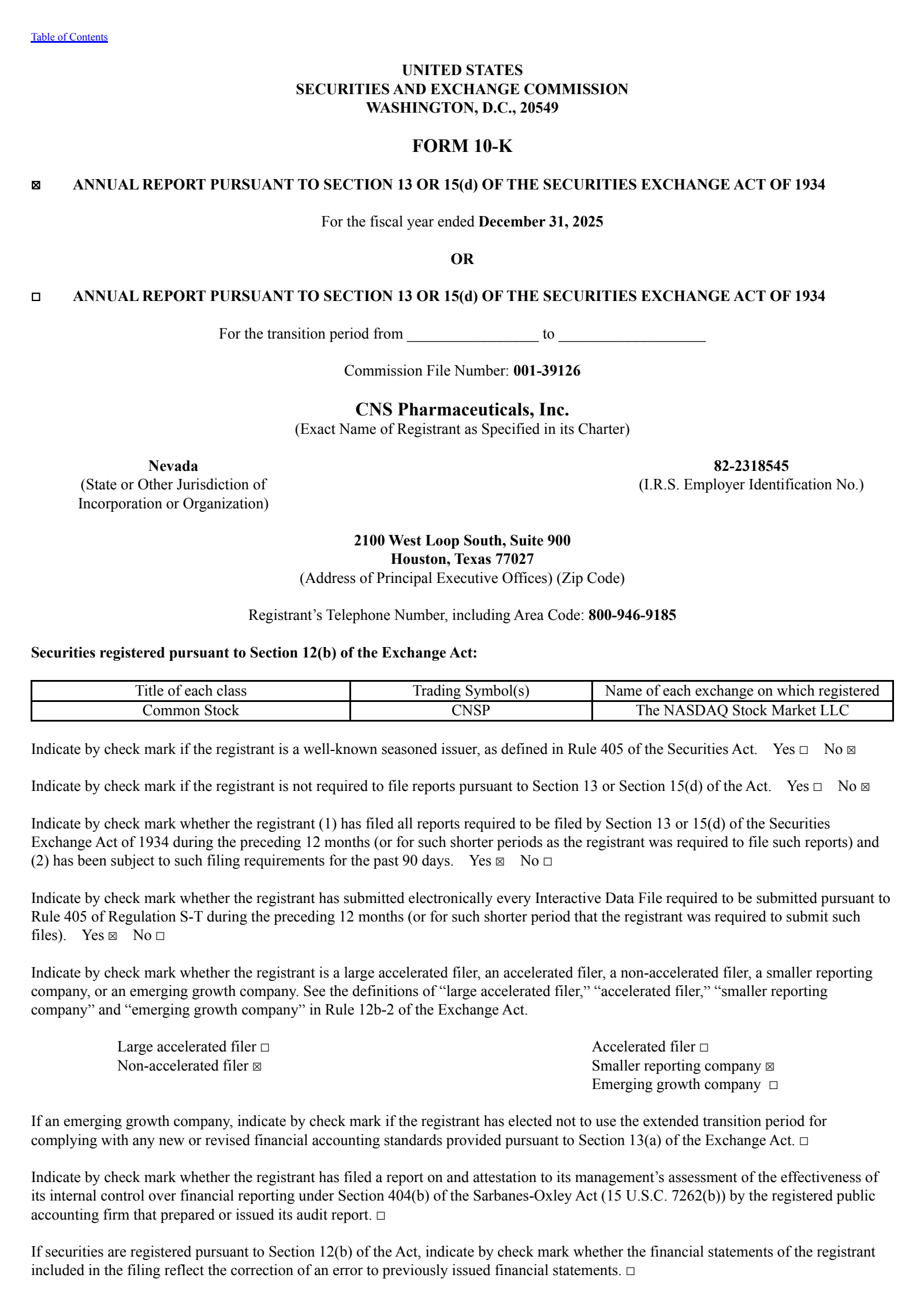 CNS Pharmaceuticals' Q4 2025 Annual report