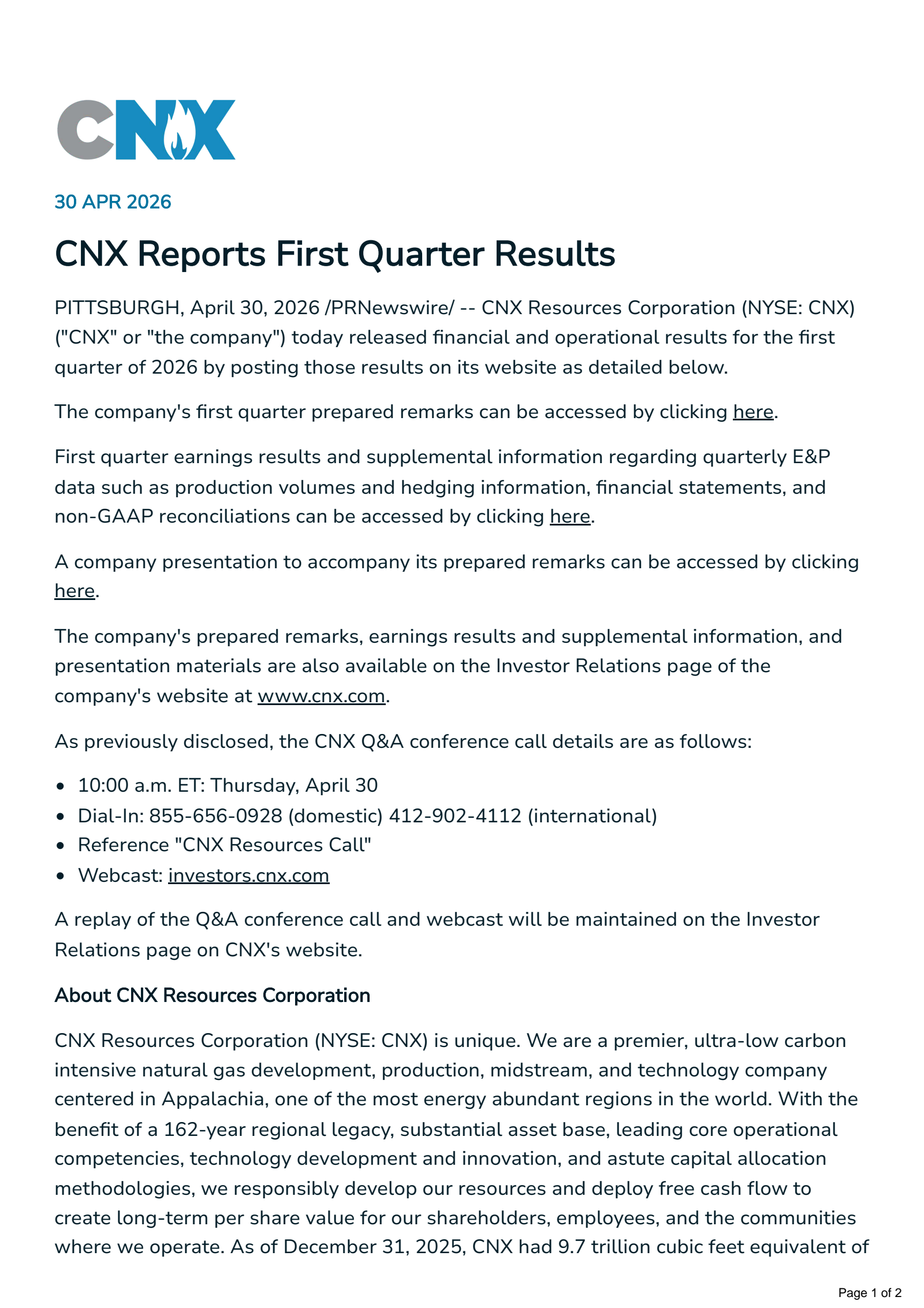 CNX Resources' Q1 2026 Press Release