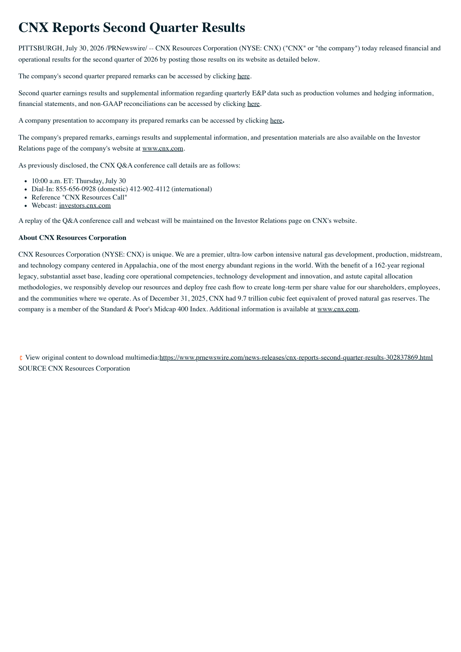 CNX Resources' Q2 2026 Press Release
