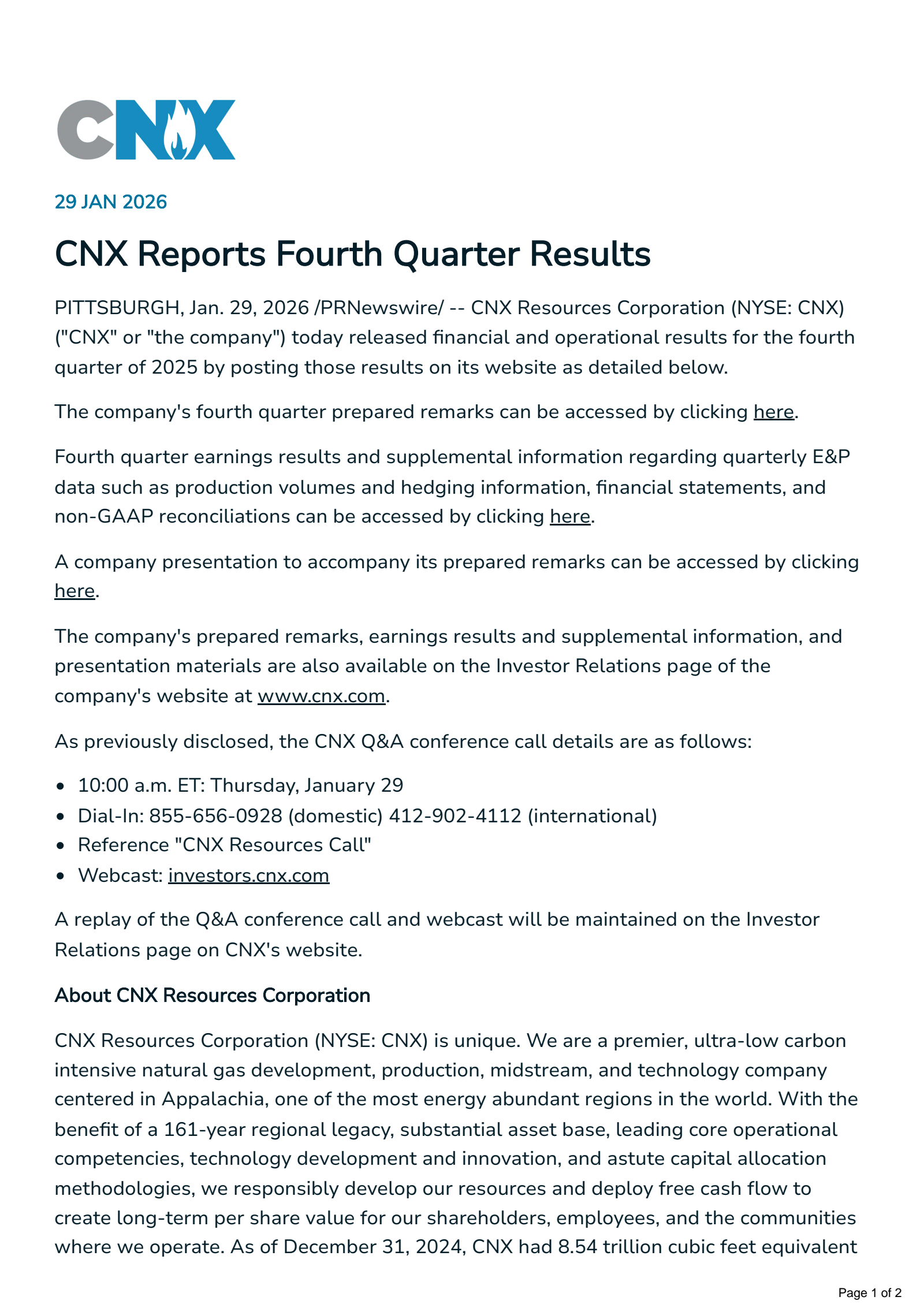 CNX Resources' Q4 2025 Press Release