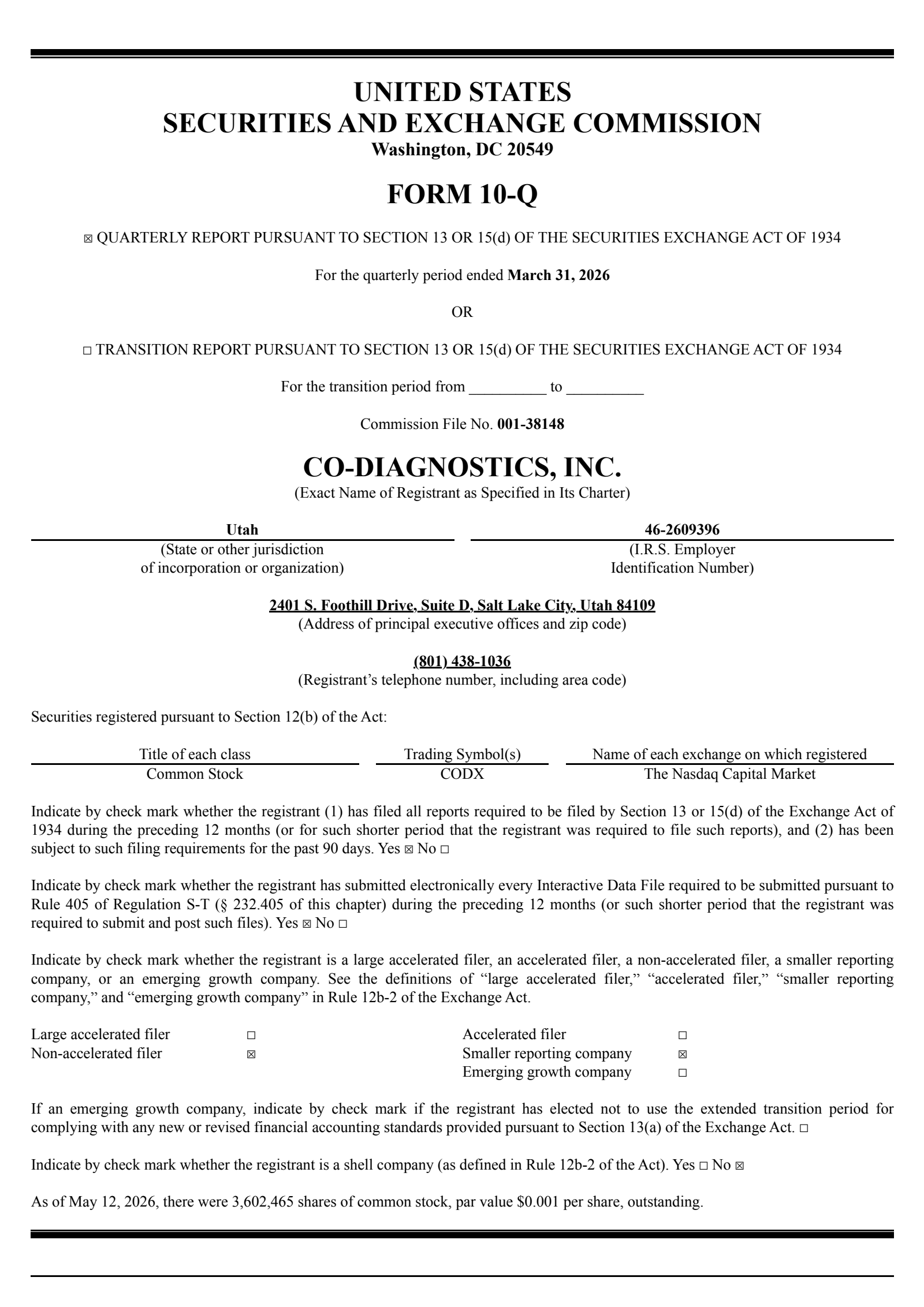 Co-Diagnostics' Q1 2026 Quarterly report