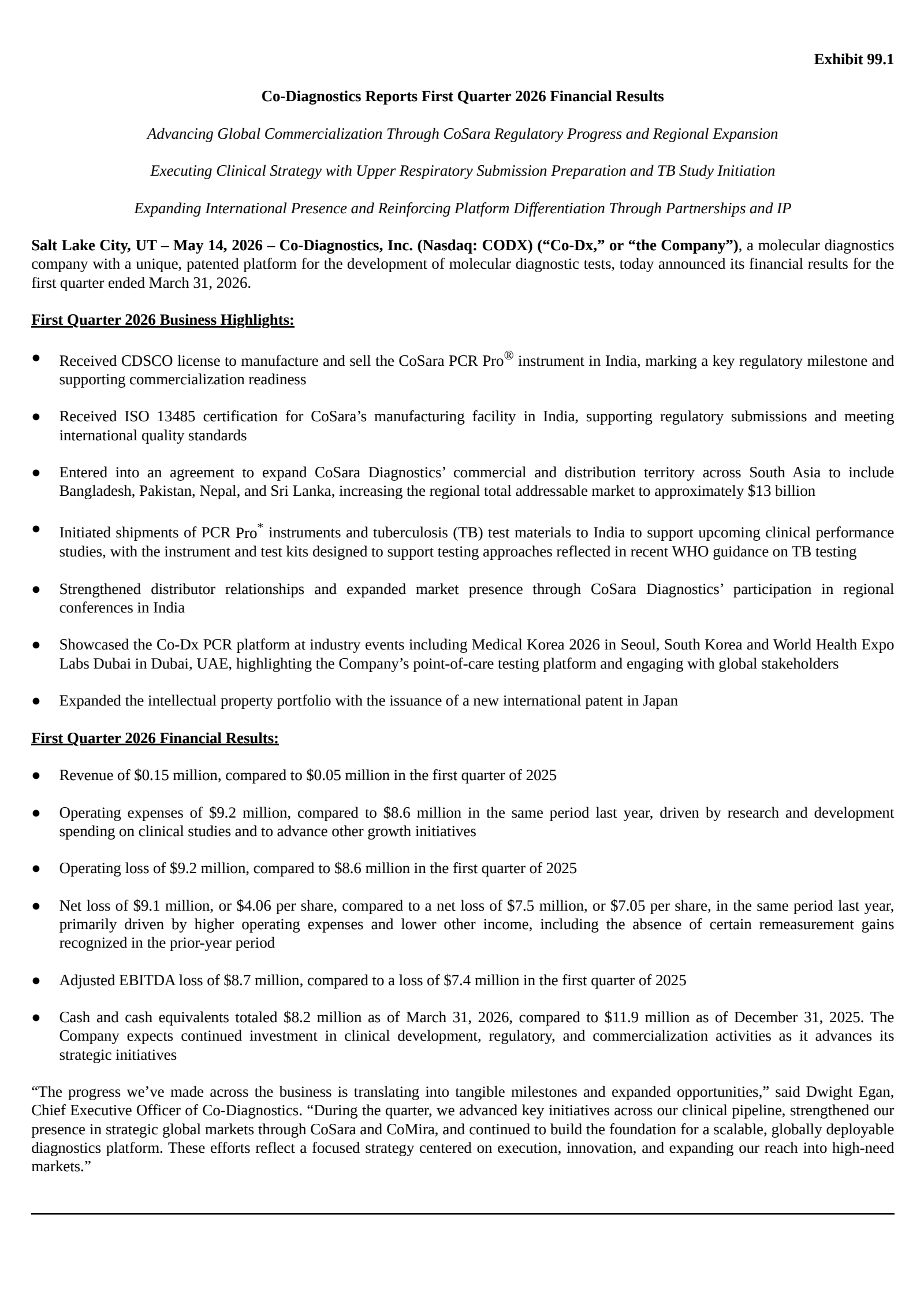Co-Diagnostics' Q1 2026 Press Release