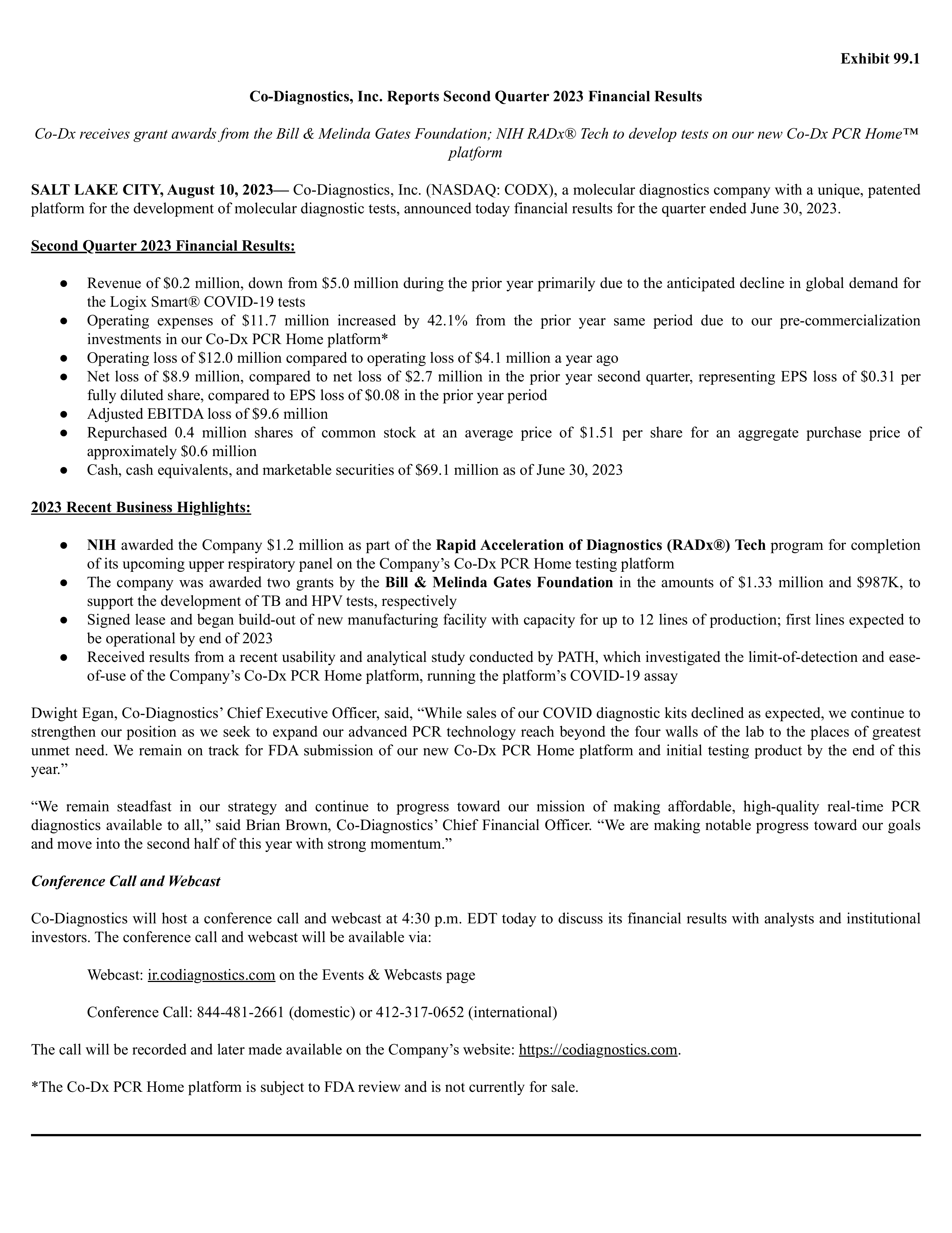 Co-Diagnostics' Q2 2023 Press Release
