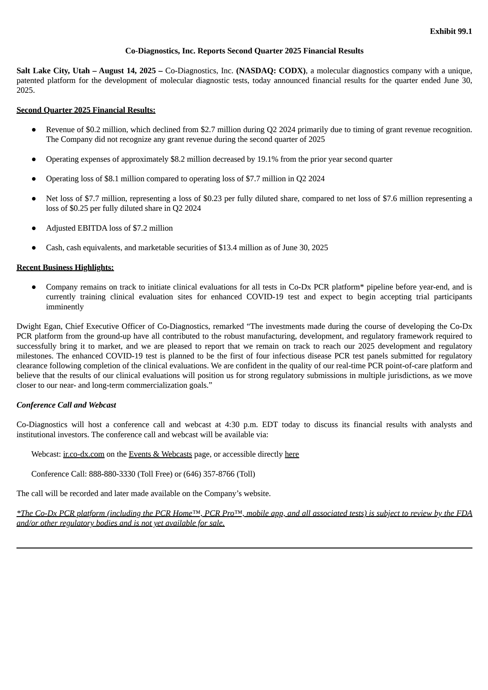 Co-Diagnostics' Q2 2025 Press Release