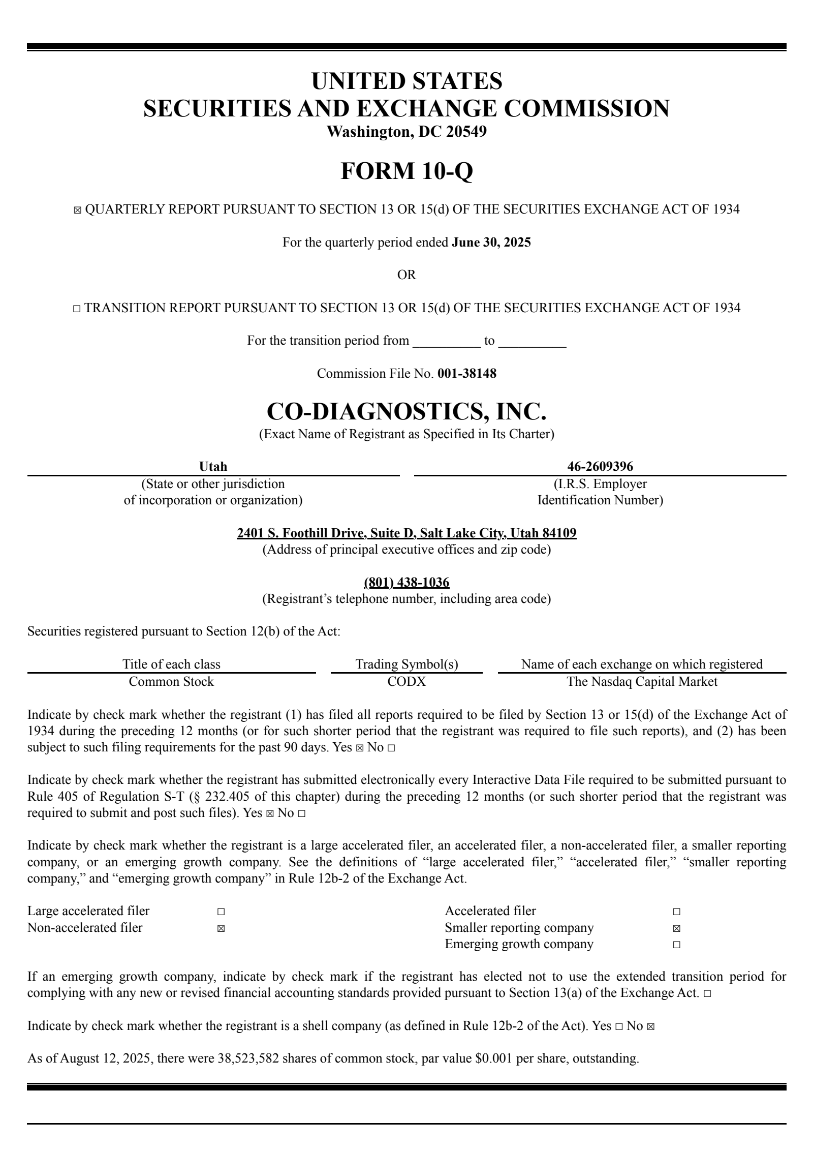 Co-Diagnostics' Q2 2025 Quarterly report