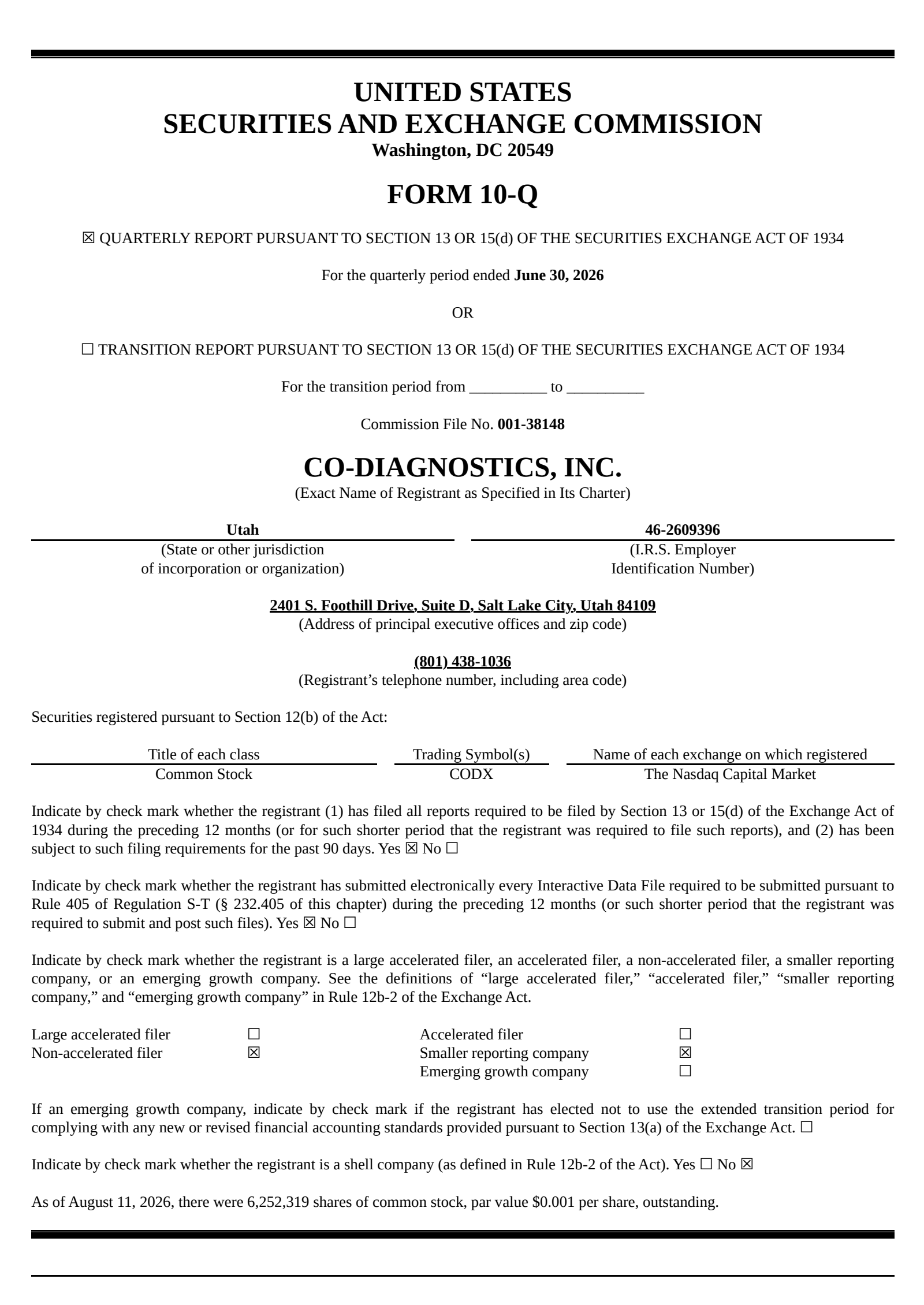 Co-Diagnostics' Q2 2026 Quarterly report