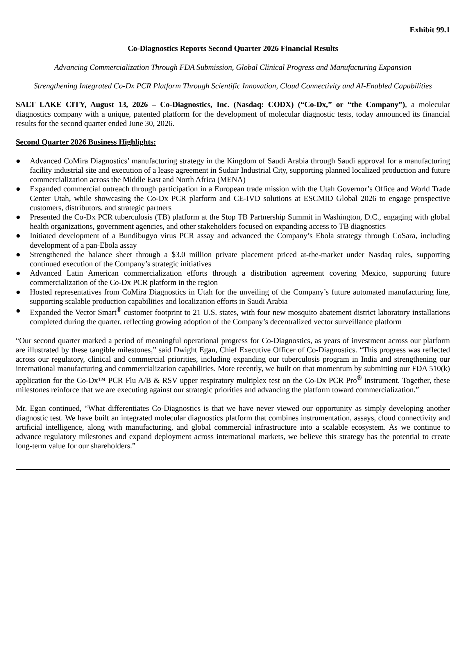 Co-Diagnostics' Q2 2026 Press Release