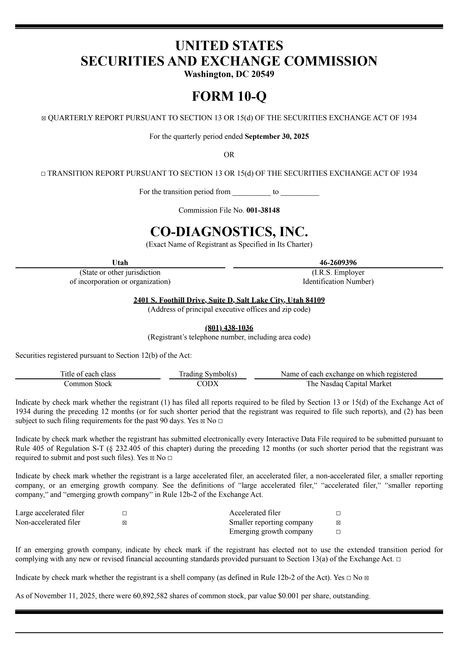 Co-Diagnostics' Q3 2025 Quarterly Report