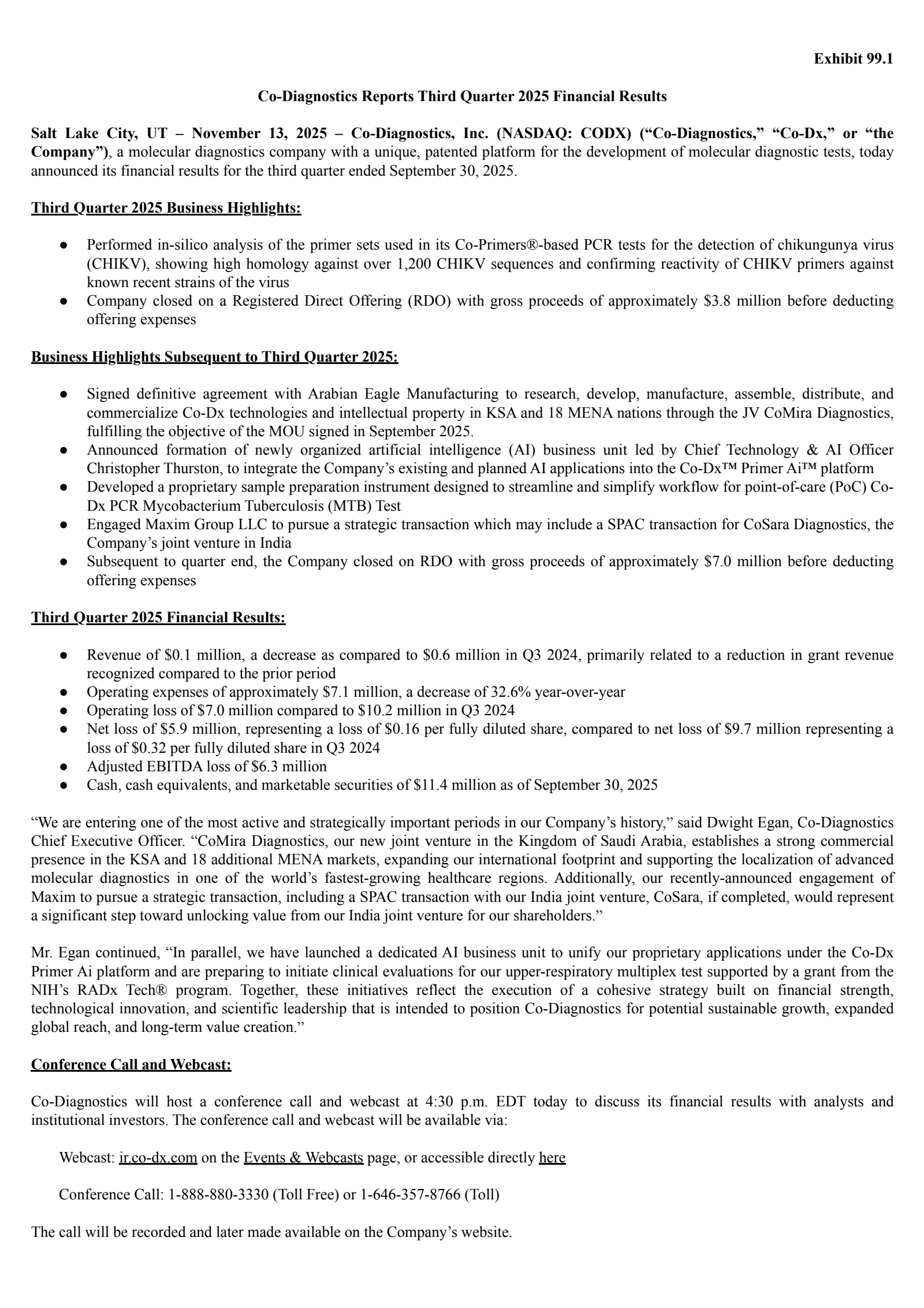 Co-Diagnostics' Q3 2025 Earnings Release