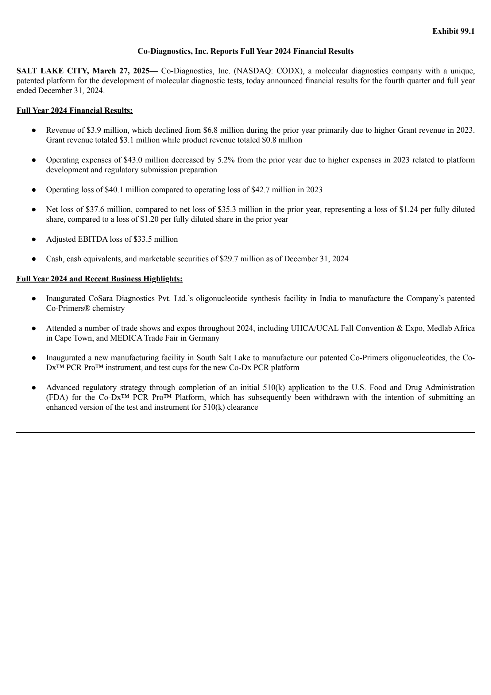 Co-Diagnostics' Q4 2024 Press Release