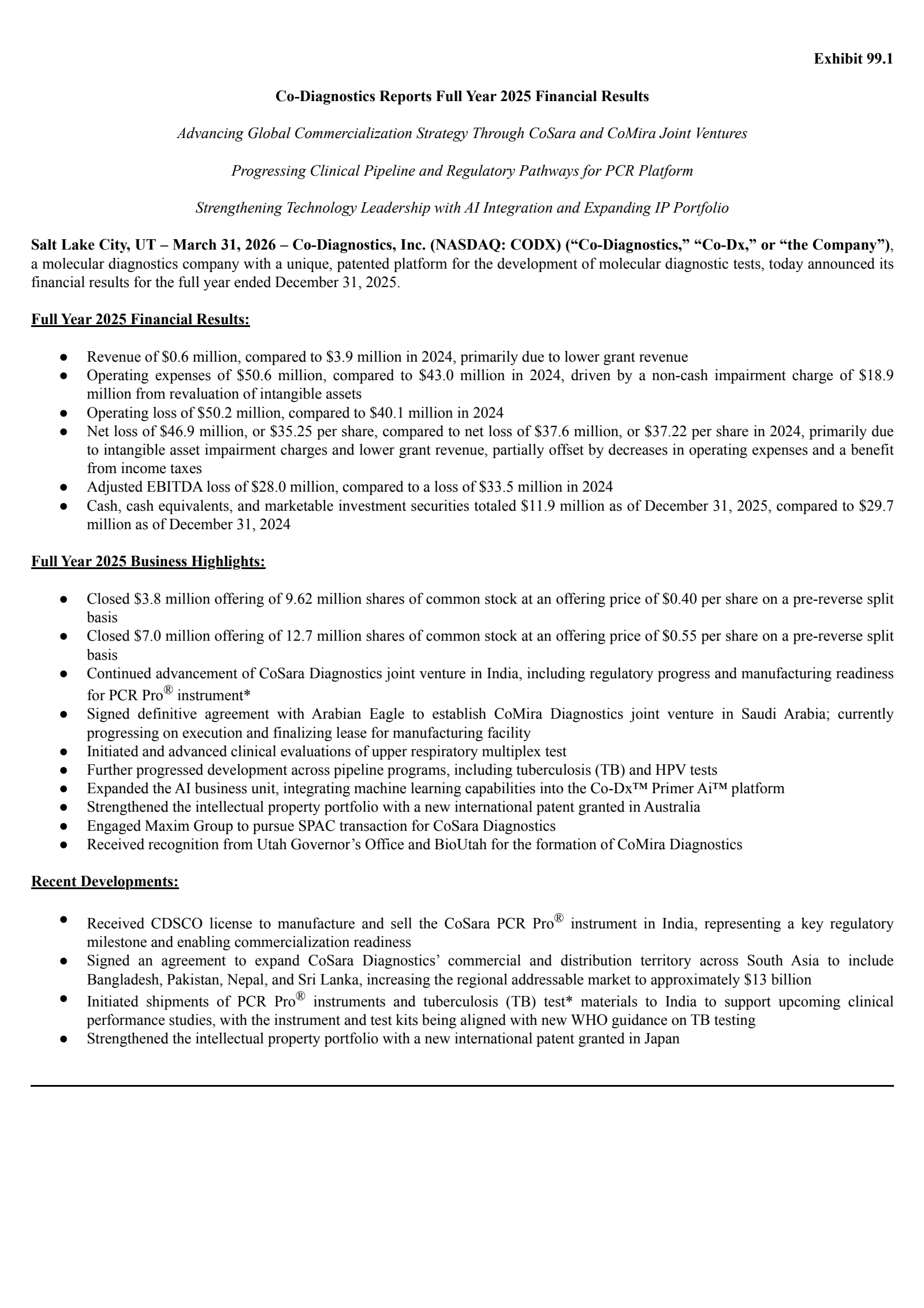 Co-Diagnostics' Q4 2025 Press Release