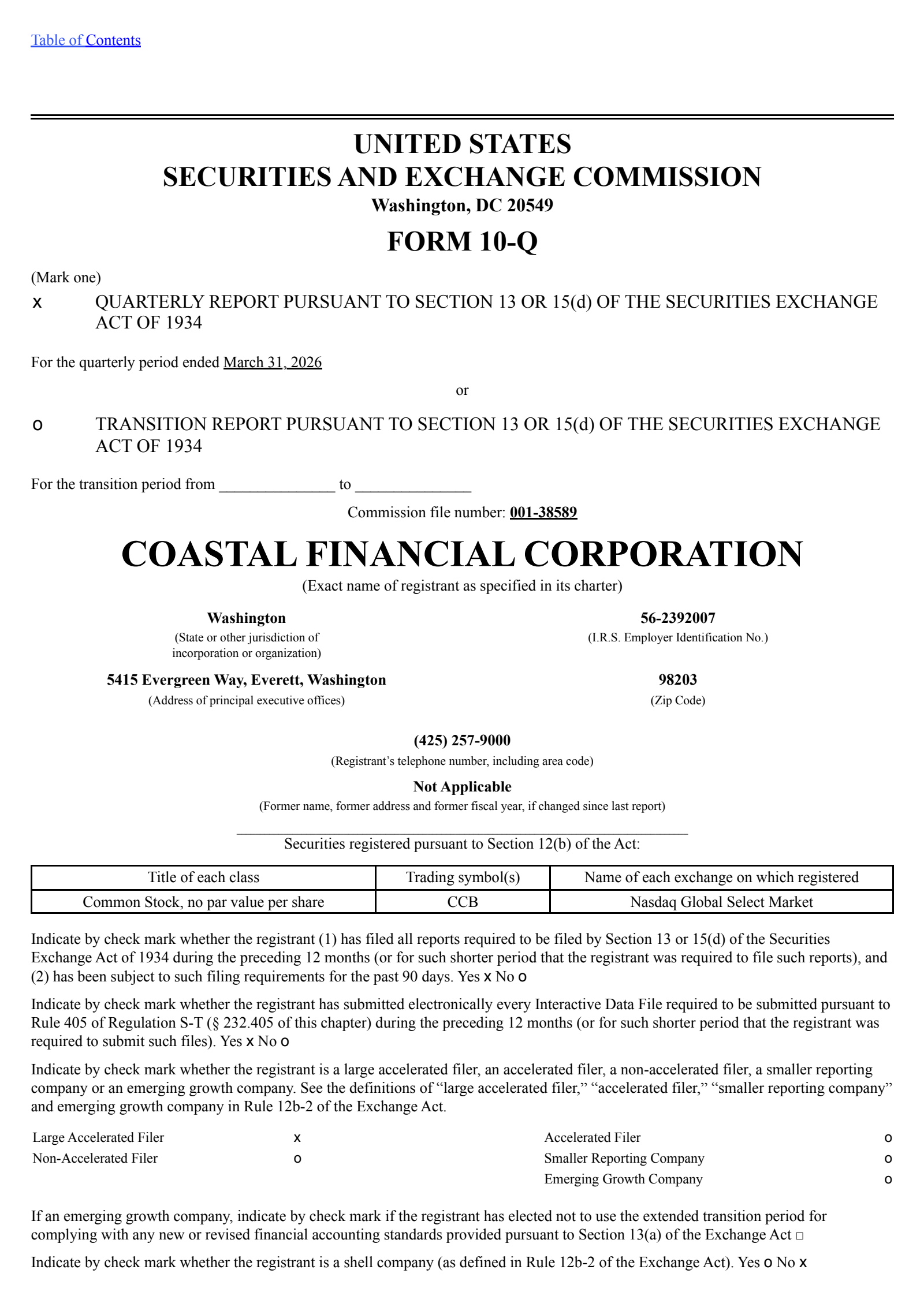 Coastal Financial's Q1 2026 Quarterly report