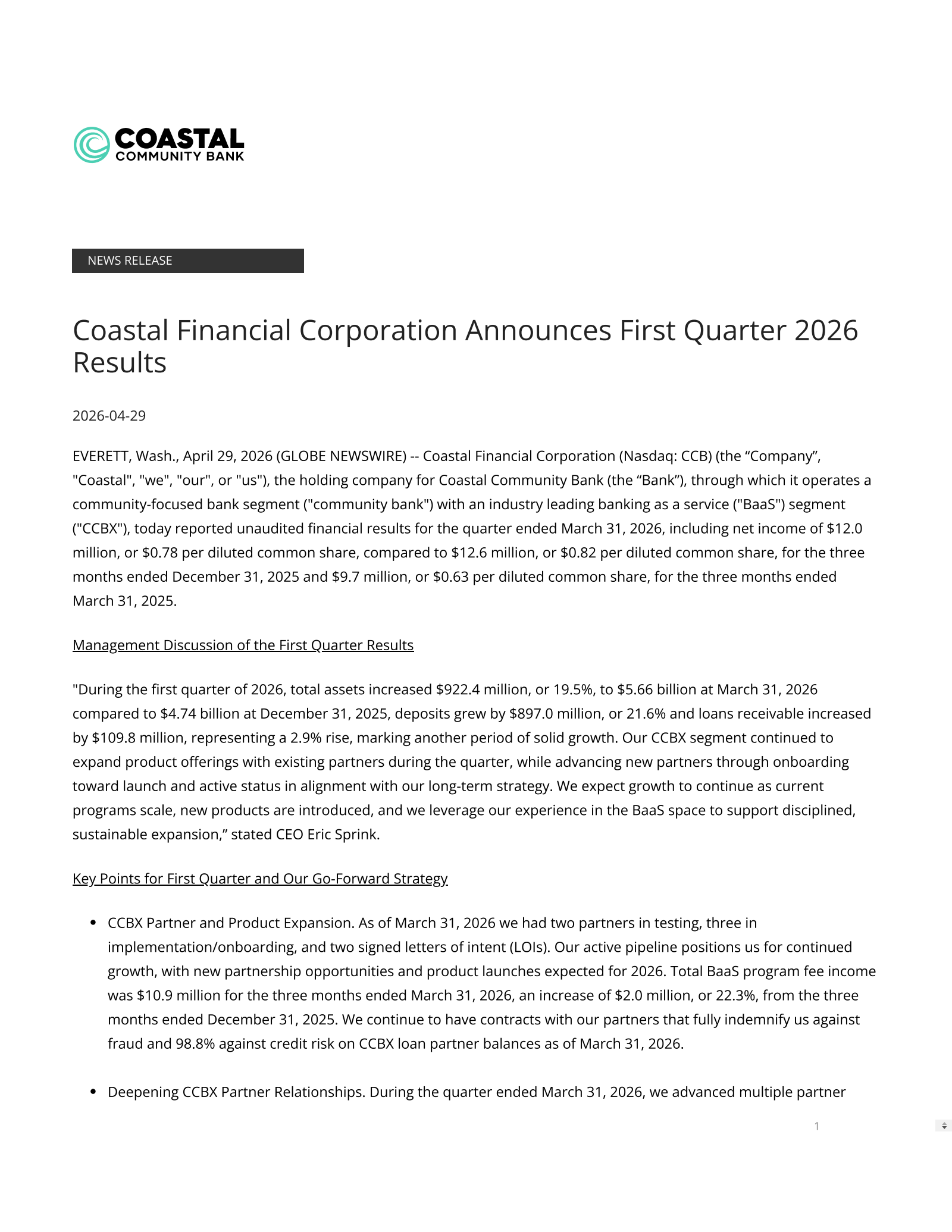 Coastal Financial's Q1 2026 Press Release