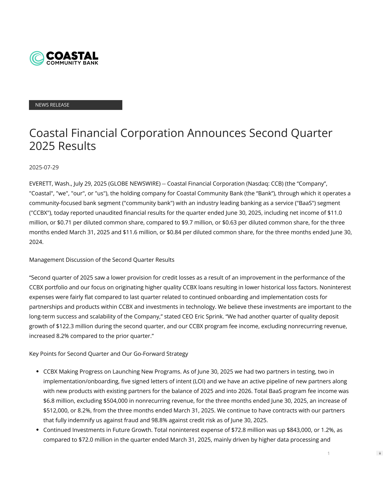 Coastal Financial's Q2 2025 Press Release