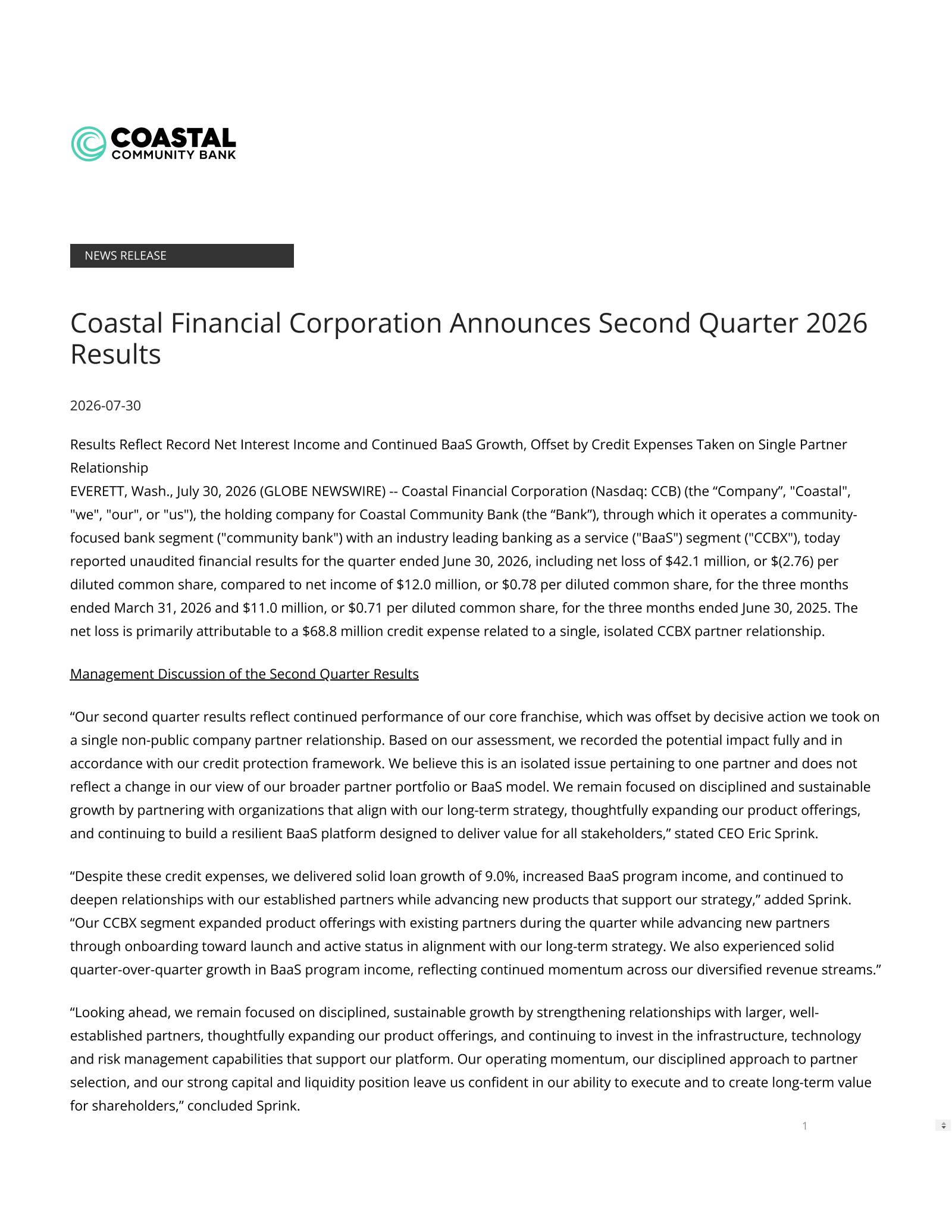 Coastal Financial's Q2 2026 Press Release