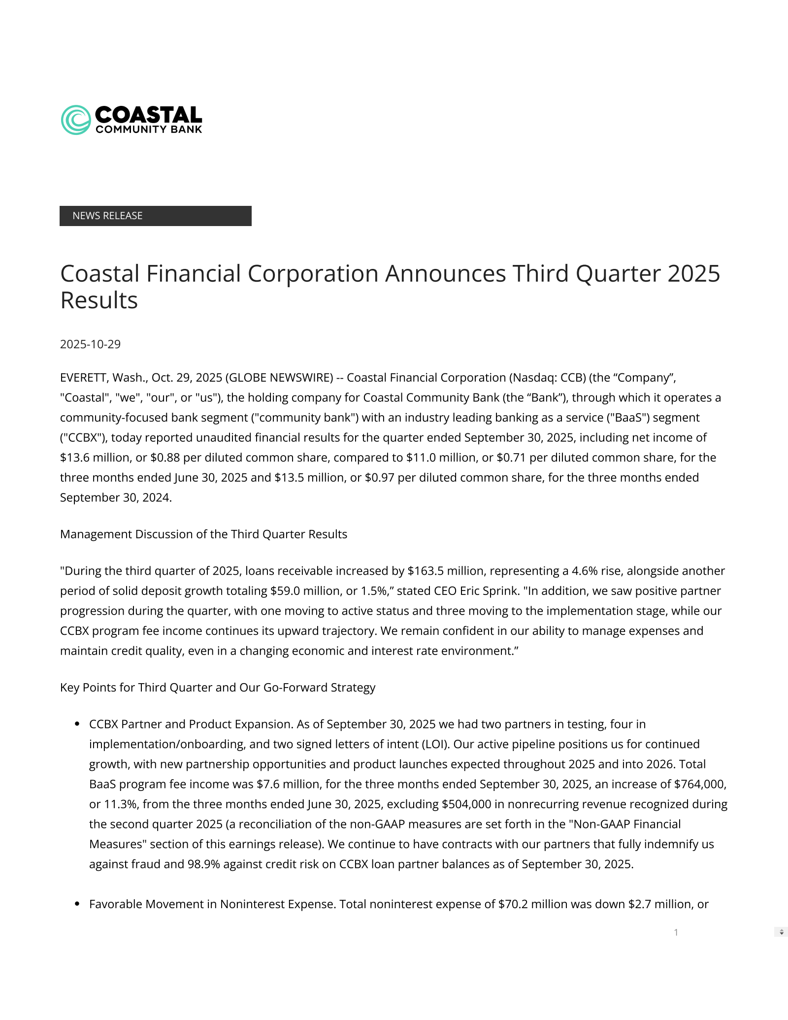 Coastal Financial's Q3 2025 Earnings Release