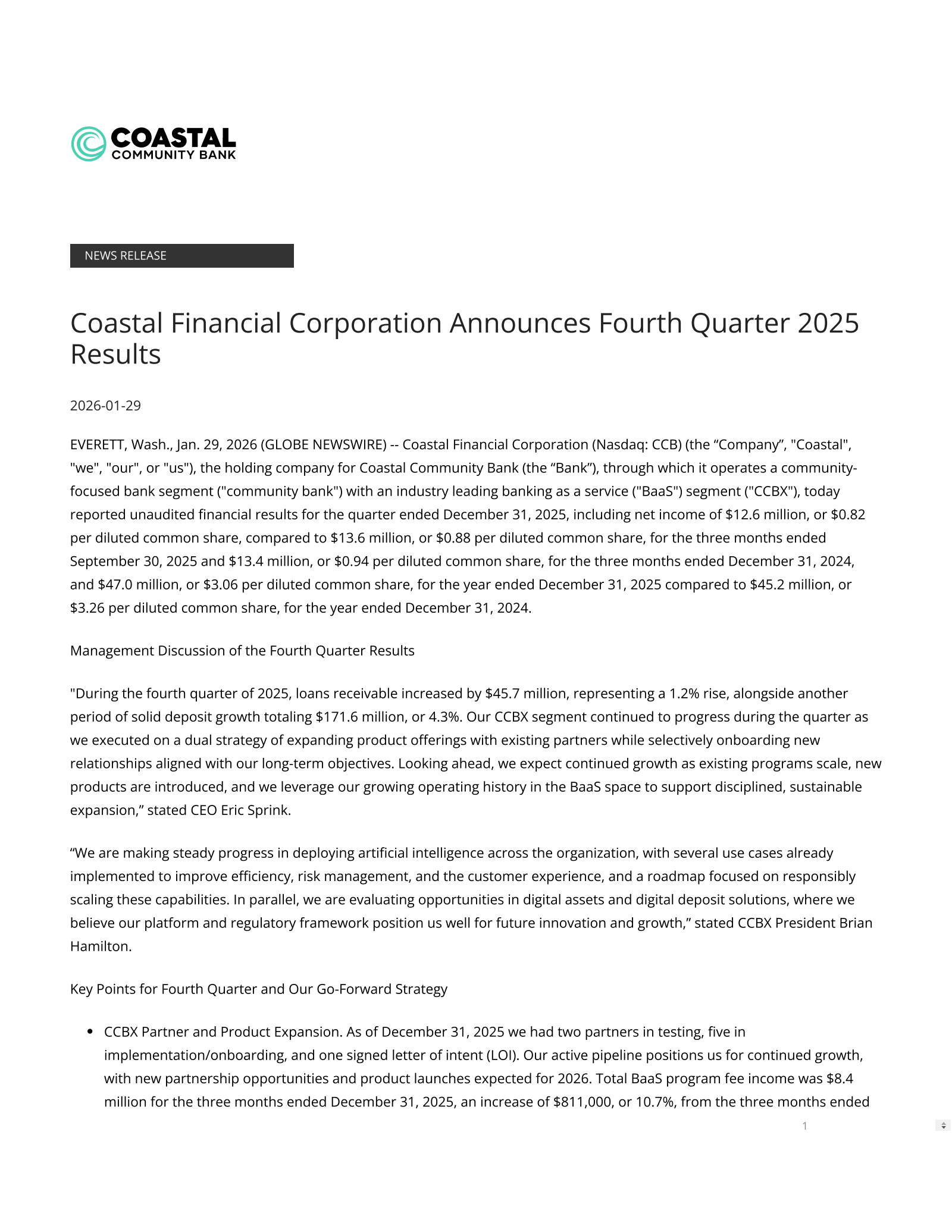 Coastal Financial's Q4 2025 Press Release