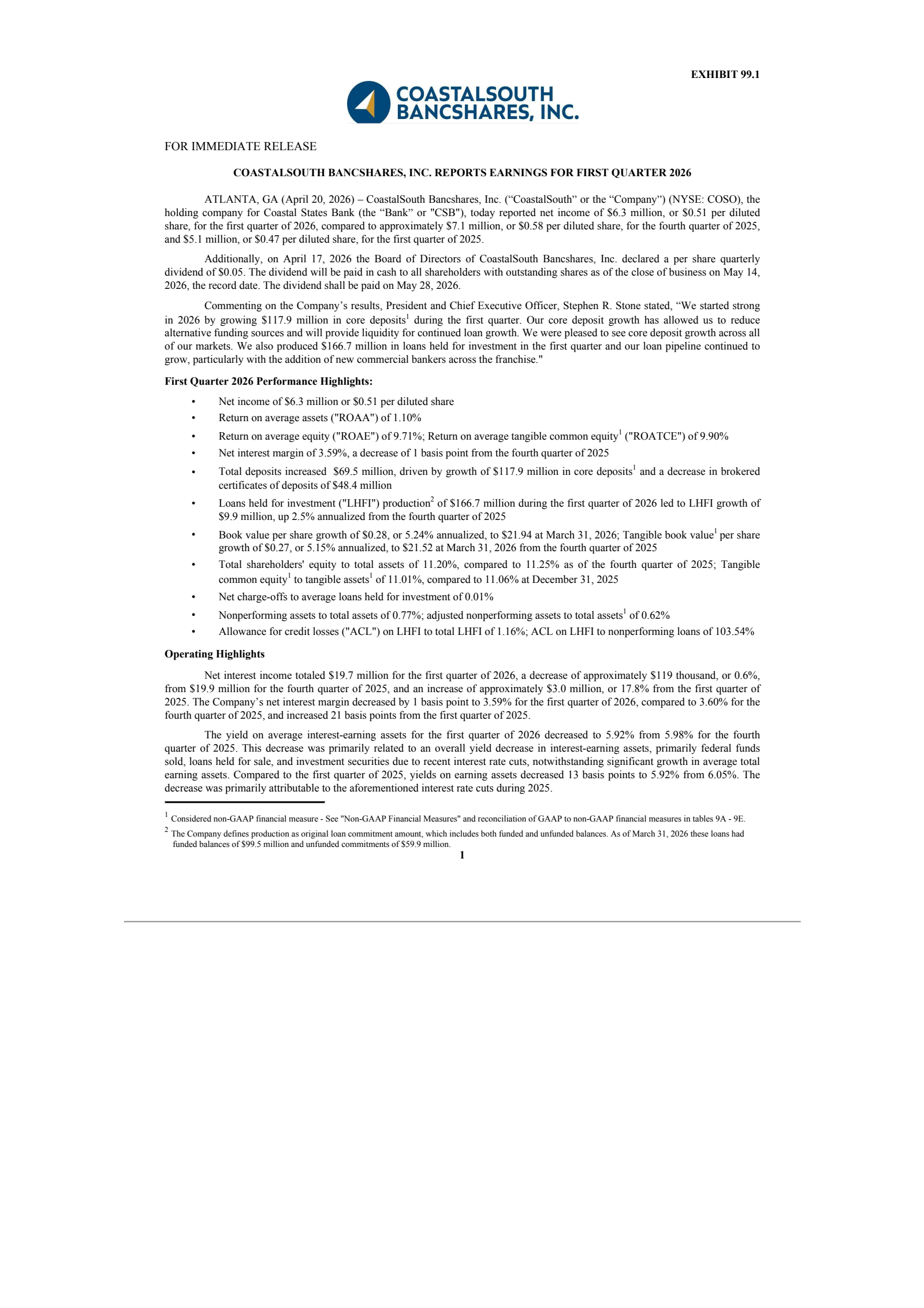 CoastalSouth Bancshares' Q1 2026 Press Release