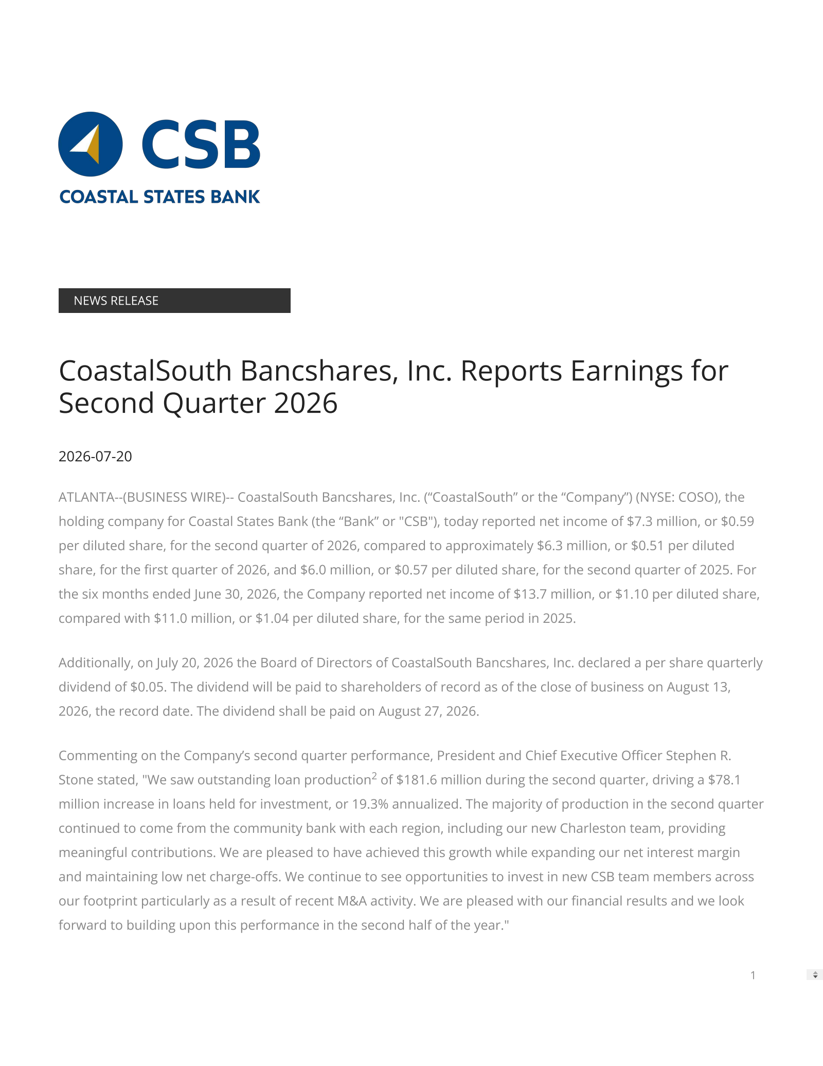 CoastalSouth Bancshares' Q2 2026 Press Release