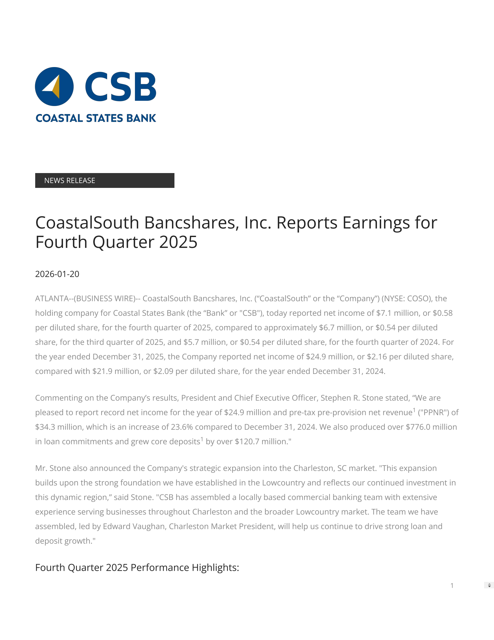 CoastalSouth Bancshares' Q4 2025 Press Release