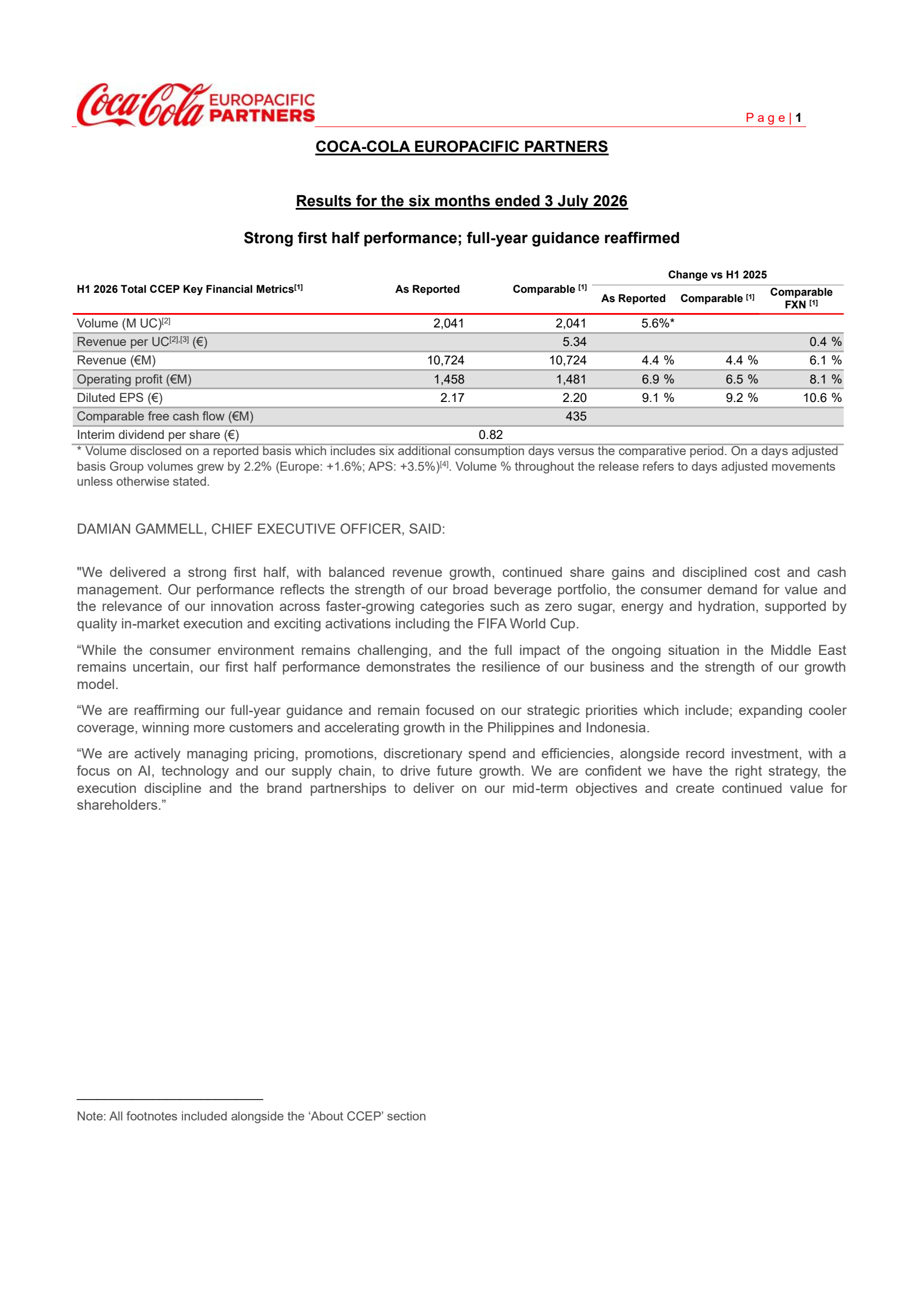 Coca-Cola Europacific Partners' Q2 2026 Press Release