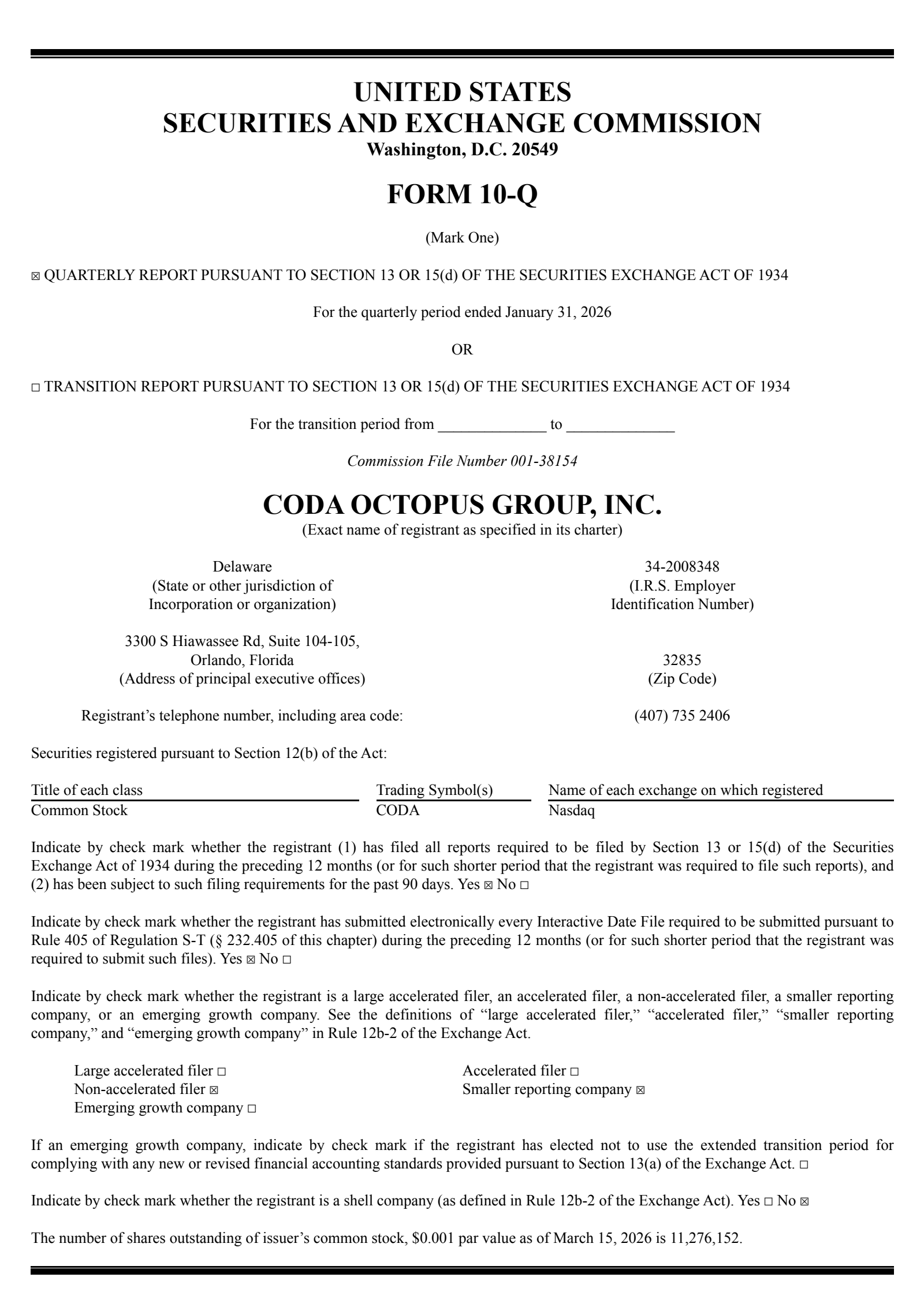 Coda Octopus Group's Q1 2026 Quarterly report