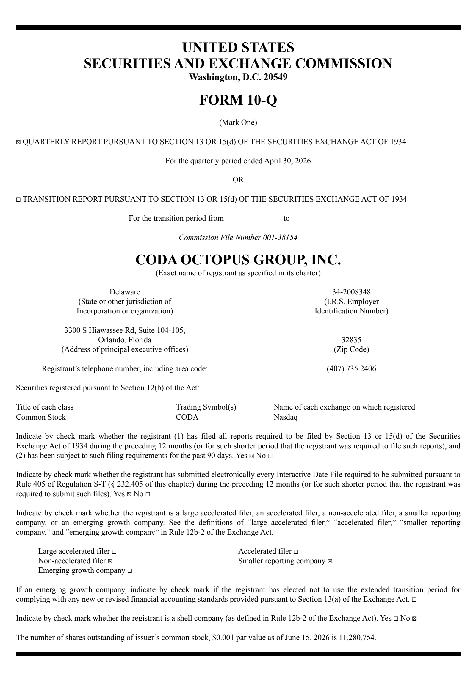 Coda Octopus Group's Q2 2026 Quarterly report